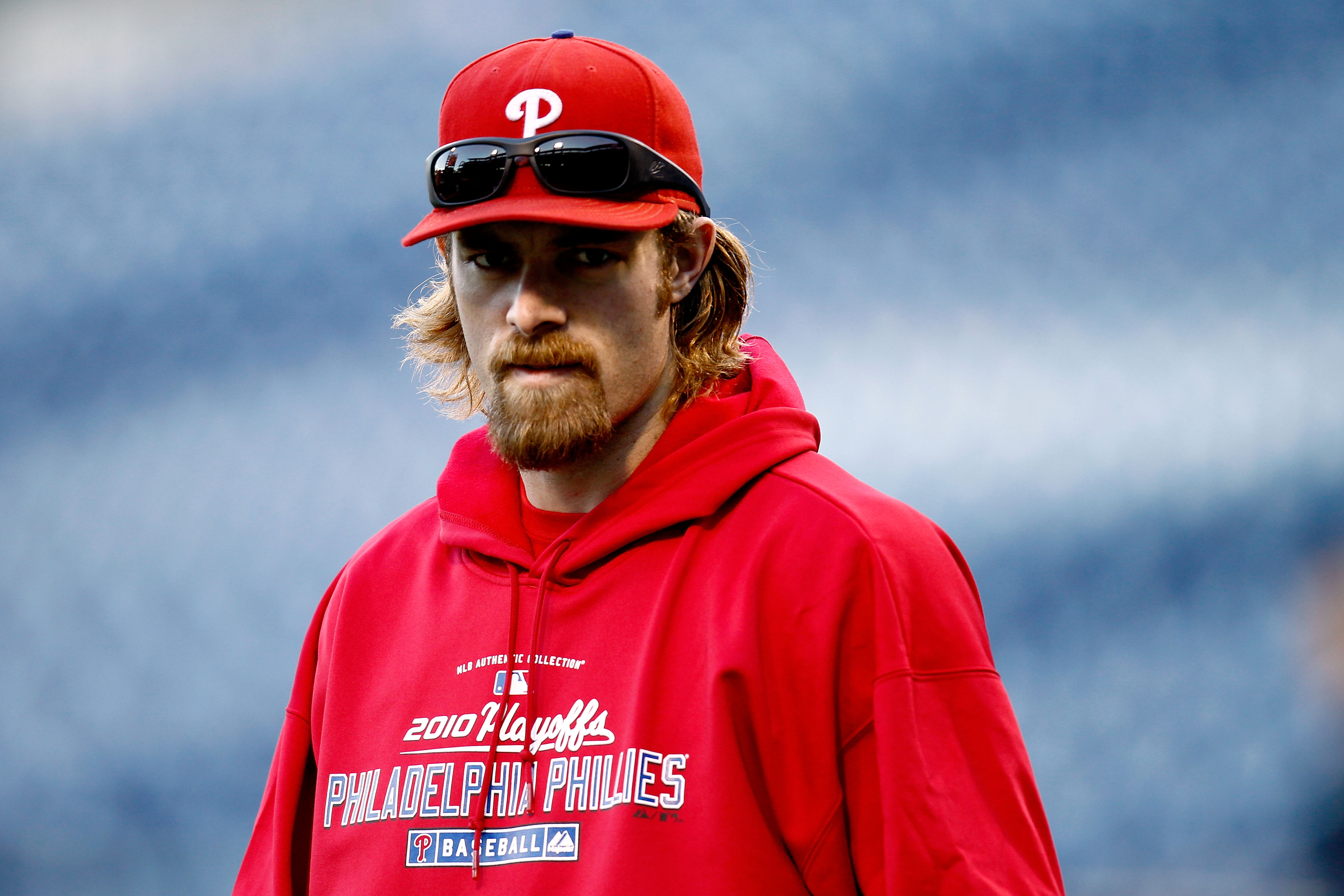 PHILADELPHIA - OCTOBER 16:  Jayson Werth #28 of the Philadelphia Phillies looks on during batting practice before taking on the San Francisco Giants in Game One of the NLCS during the 2010 MLB Playoffs at Citizens Bank Park on October 16, 2010 in Philadel