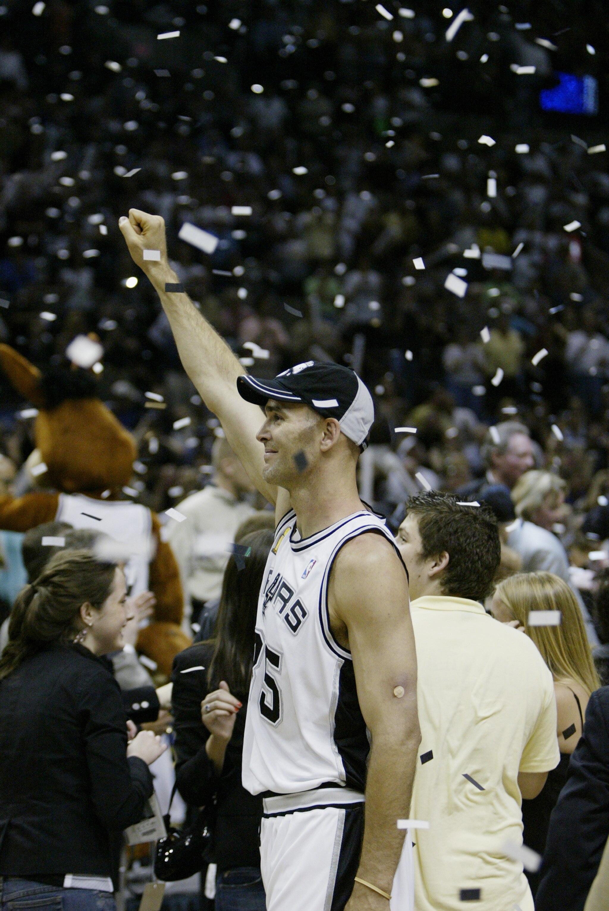SAN ANTONIO, TX - JUNE 15:  Danny Ferry #35 of the San Antonio Spurs celebrates defeating the New Jersey Nets in game six of the 2003 NBA Finals on June 15, 2003 at the SBC Center in San Antonio, Texas.  The Spurs won 88-77 and defeated the Nets to win th