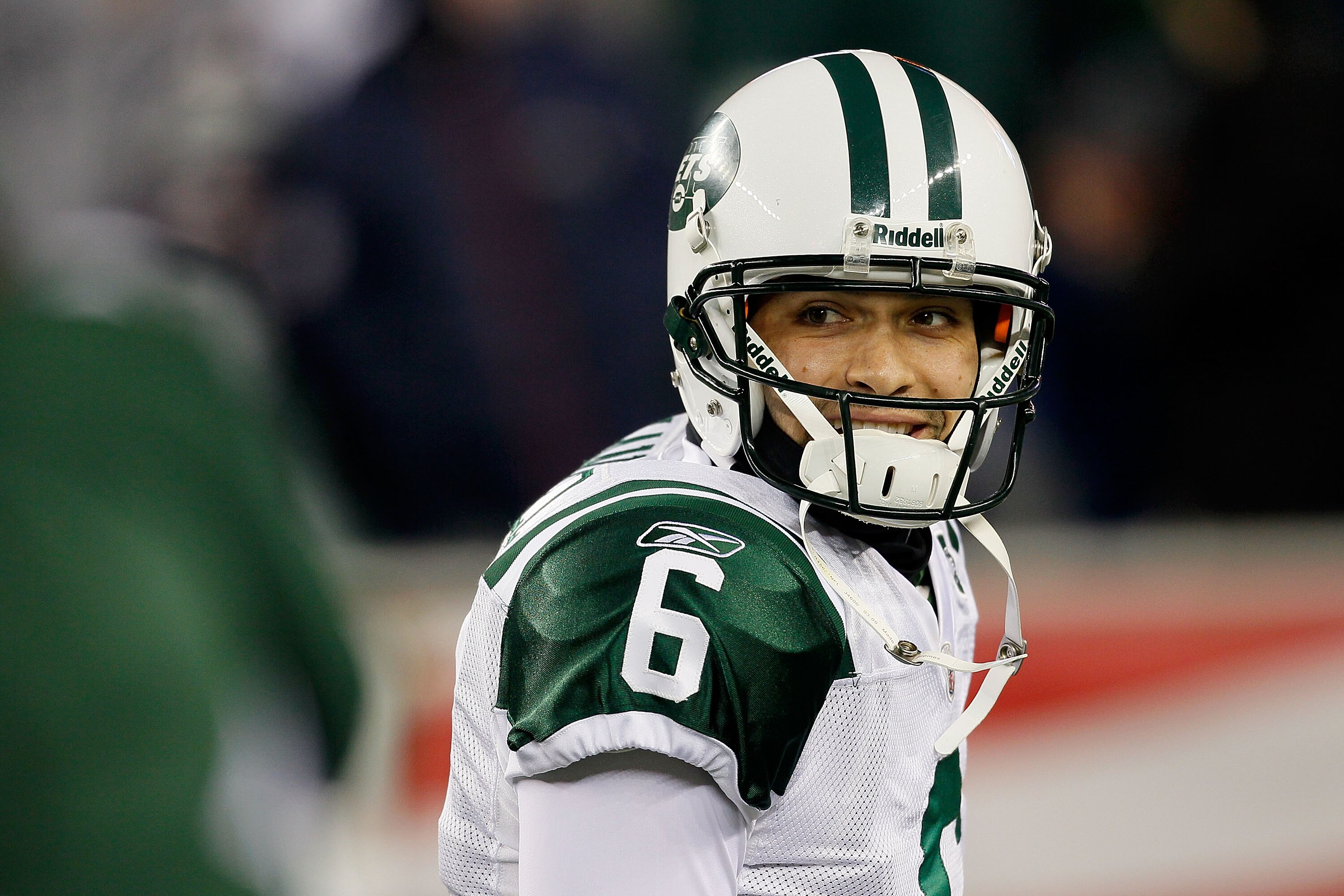 FOXBORO, MA - DECEMBER 06:  Mark Sanchez #6 of the New York Jets looks on during warm ups against the New England Patriots at Gillette Stadium on December 6, 2010 in Foxboro, Massachusetts.  (Photo by Jim Rogash/Getty Images)