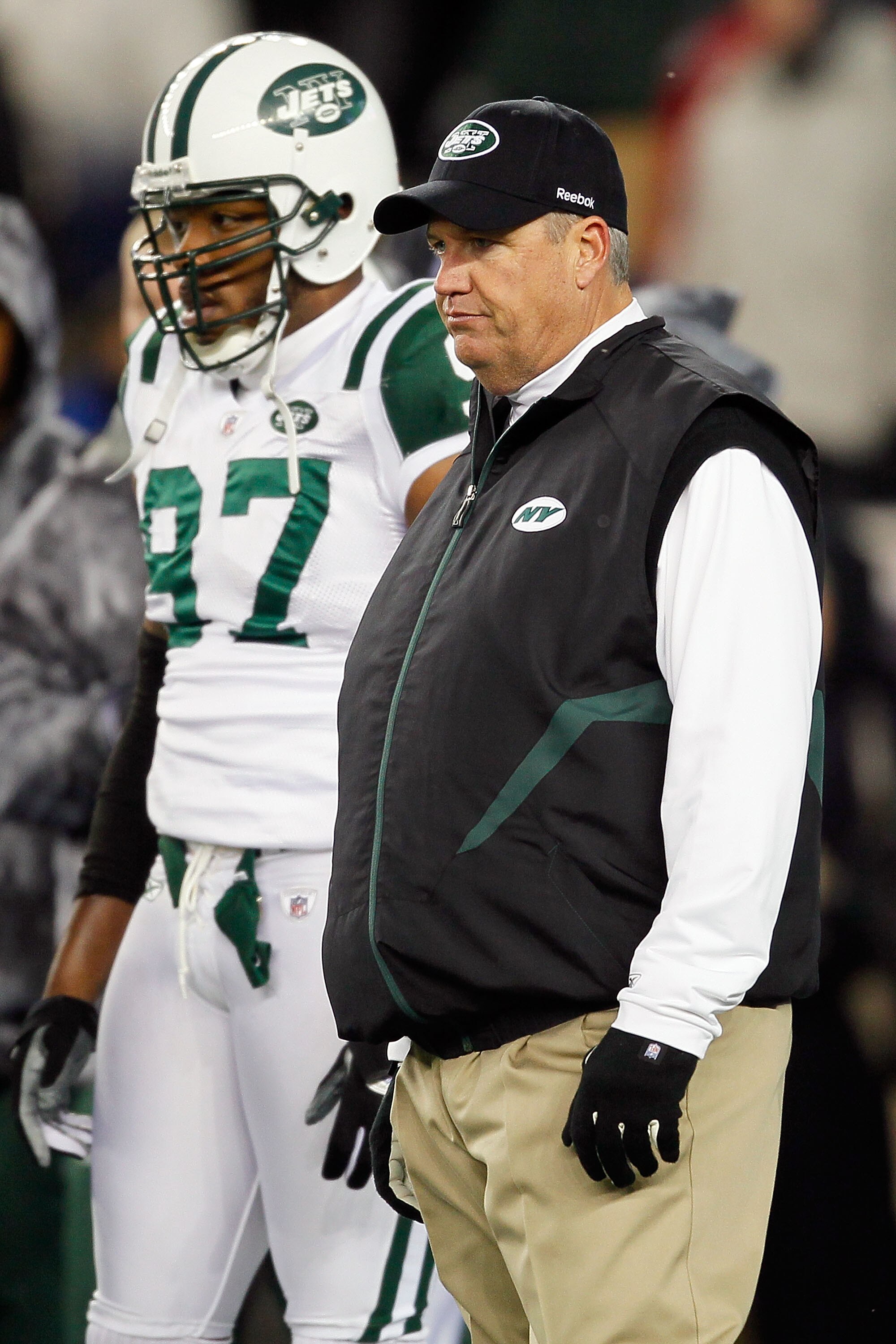 FOXBORO, MA - DECEMBER 06:  Head coach Rex Ryan of the New York Jets looks on during warm ups against the New England Patriots at Gillette Stadium on December 6, 2010 in Foxboro, Massachusetts.  (Photo by Jim Rogash/Getty Images)