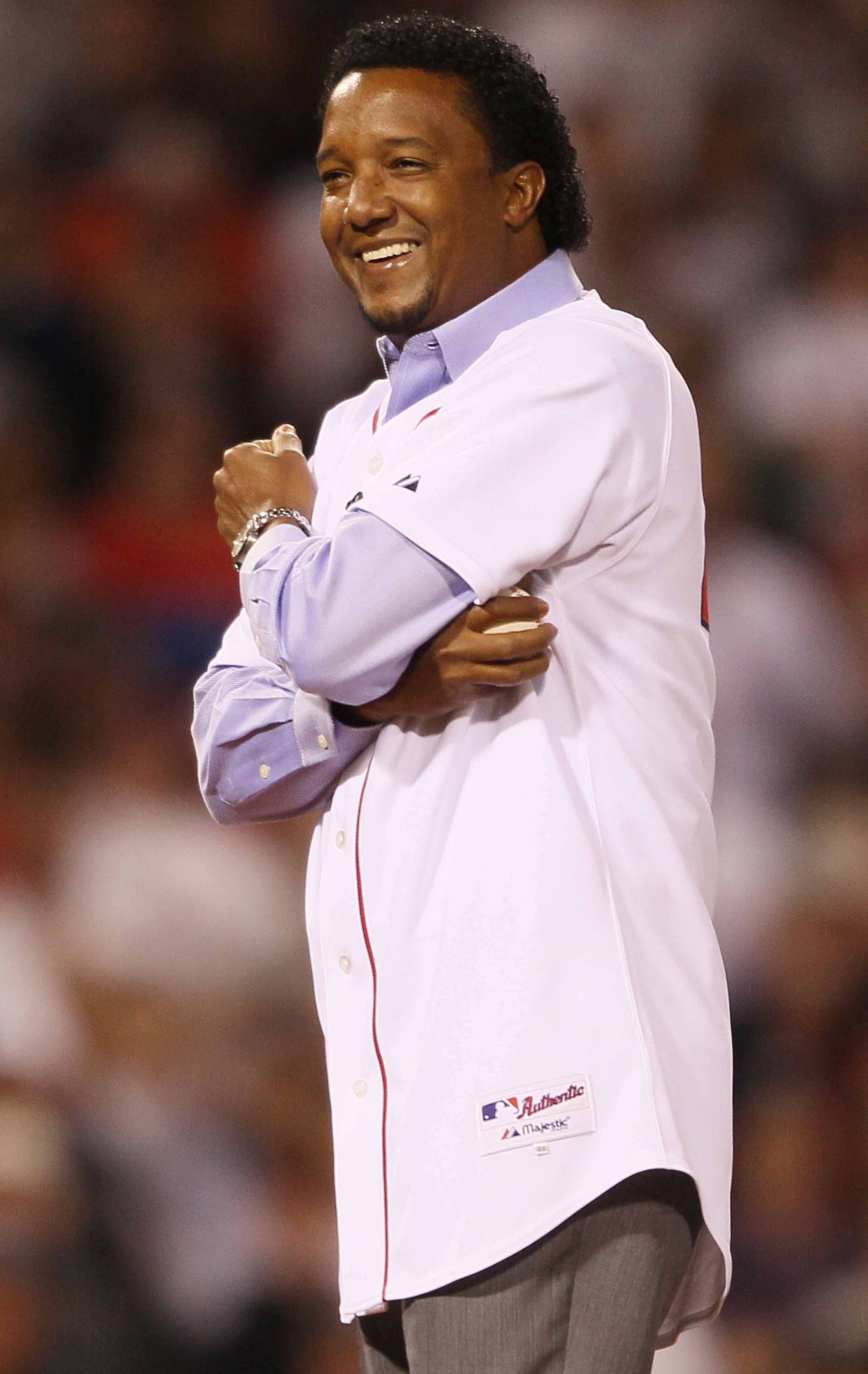 BOSTON - APRIL 04:  Former the Boston Red Sox pitcher Pedro Martinez greets the fans before the game against the New York Yankees on April 4, 2010 during Opening Night at Fenway Park in Boston, Massachusetts.  (Photo by Elsa/Getty Images)