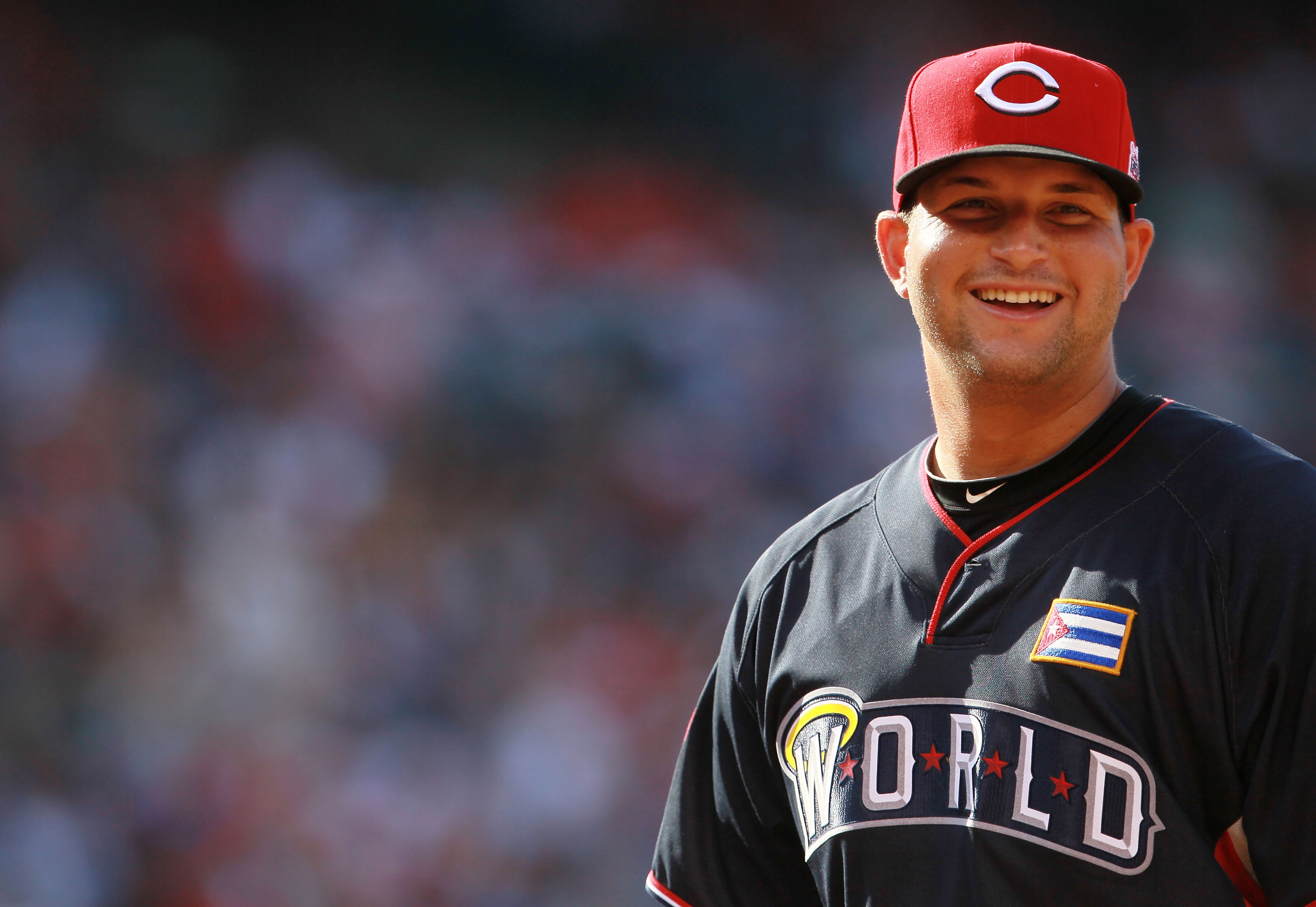 ANAHEIM, CA - JULY 11:  World Futures All-Star Yonder Alonso #20 of the Cincinnati Reds looks on during the 2010 XM All-Star Futures Game at Angel Stadium of Anaheim on July 11, 2010 in Anaheim, California.  (Photo by Jeff Gross/Getty Images)