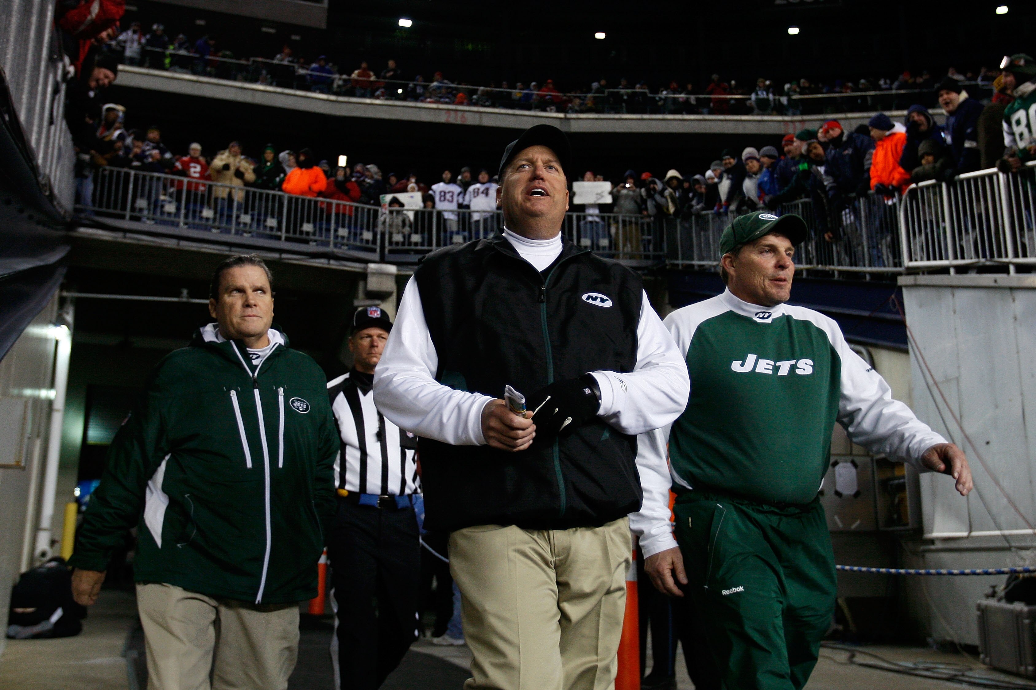 FOXBORO, MA - DECEMBER 06:  Head coach Rex Ryan of the New York Jets walks on the field for the start of their game against the New England Patriots at Gillette Stadium on December 6, 2010 in Foxboro, Massachusetts.  (Photo by Jim Rogash/Getty Images)