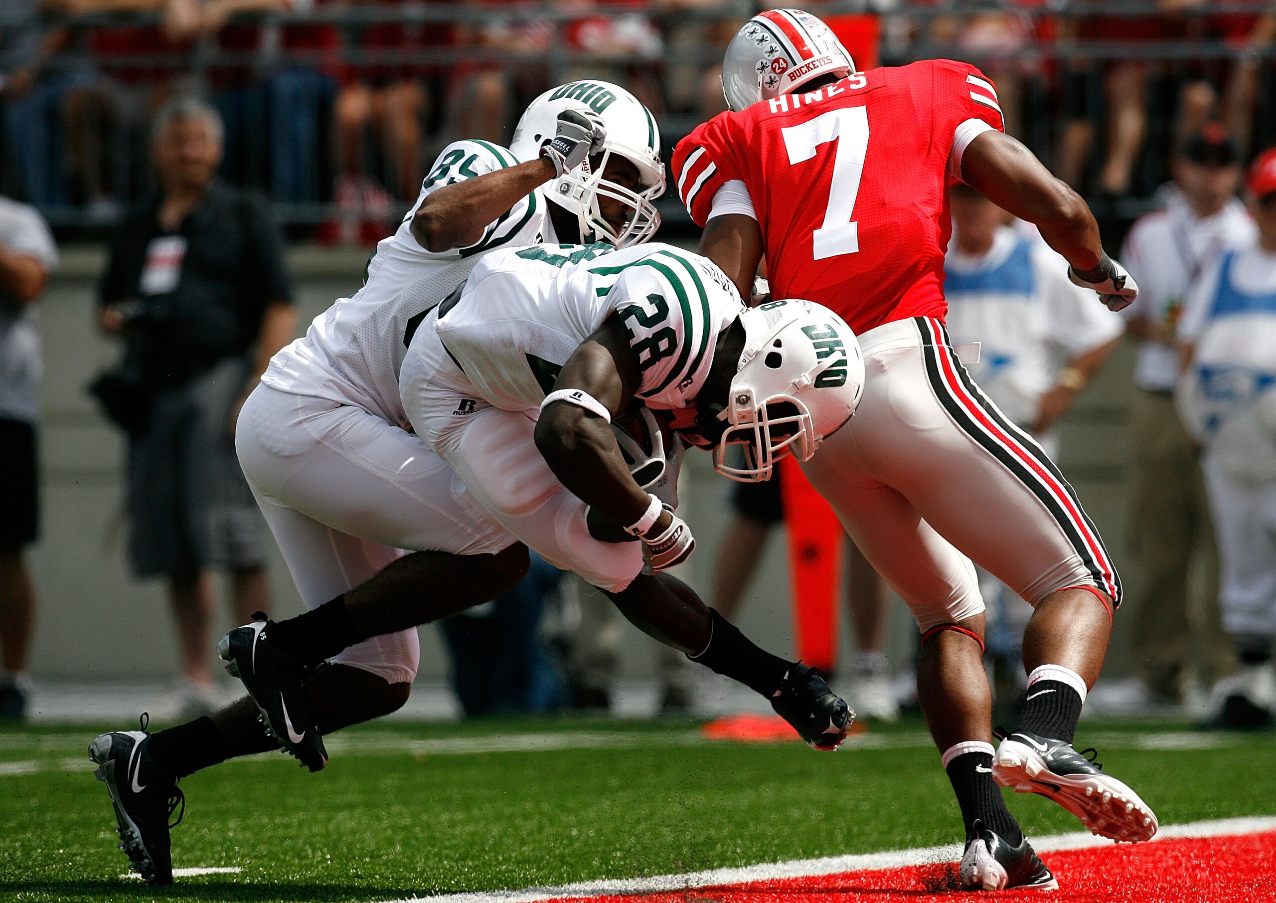 COLUMBUS, OH - SEPTEMBER 06: Running back Donte Harden #28 of the Ohio Bobcats scores a touchdown against linebacker Jermale Hines #7 of the Ohio State Buckeyes during the game at Ohio Stadium on September 6, 2008 in Columbus, Ohio. (Photo by Kevin C. C COLUMBUS, OH - SEPTEMBER 06: Running back Donte Harden #28 of the Ohio Bobcats scores a touchdown against linebacker Jermale Hines #7 of the Ohio State Buckeyes during the game at Ohio Stadium on September 6, 2008 in Columbus, Ohio. (Photo by Kevin C. C