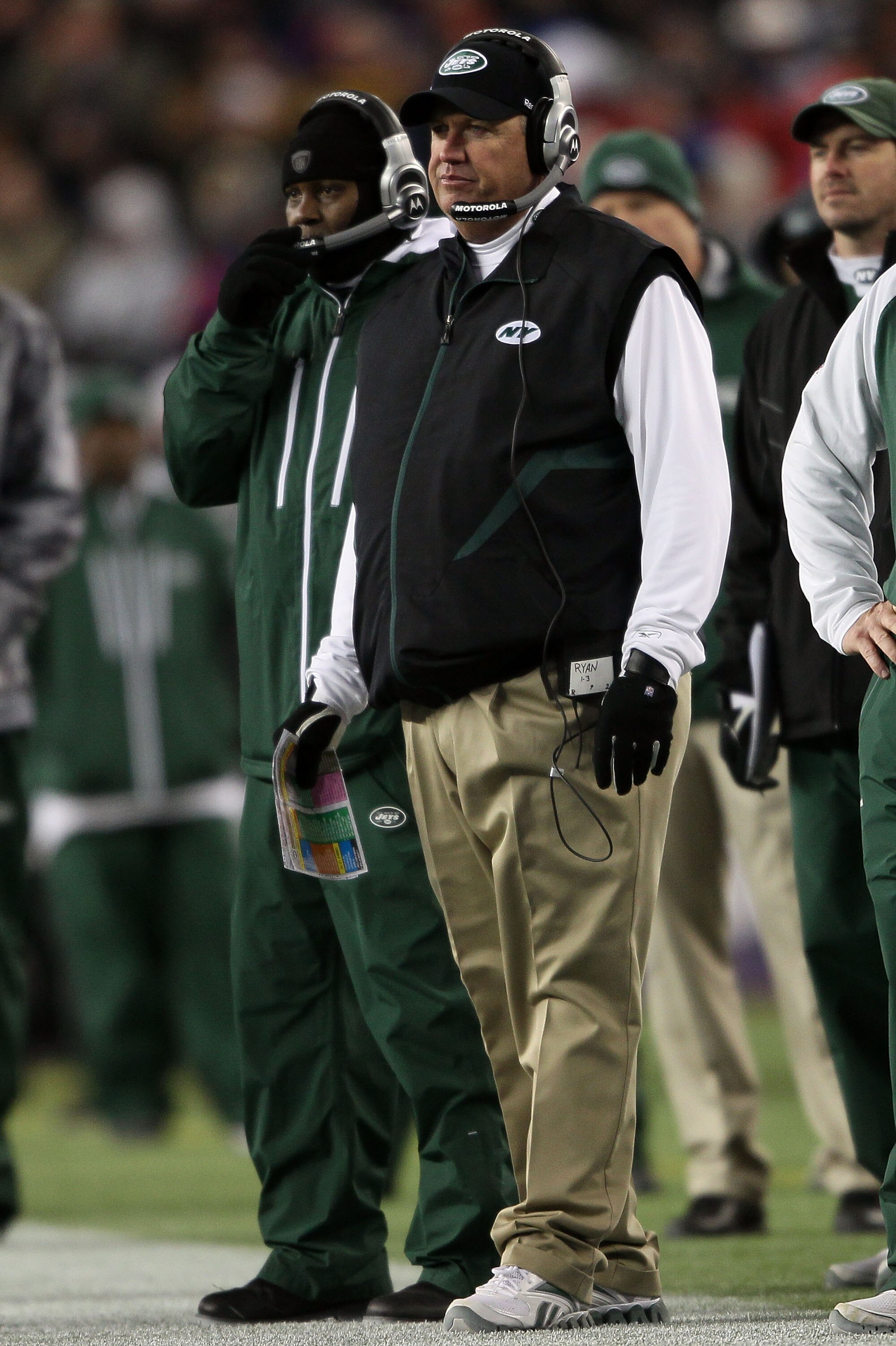 FOXBORO, MA - DECEMBER 06:  Head coach Rex Ryan of the New York Jets looks on against the New England Patriots at Gillette Stadium on December 6, 2010 in Foxboro, Massachusetts.  (Photo by Elsa/Getty Images)