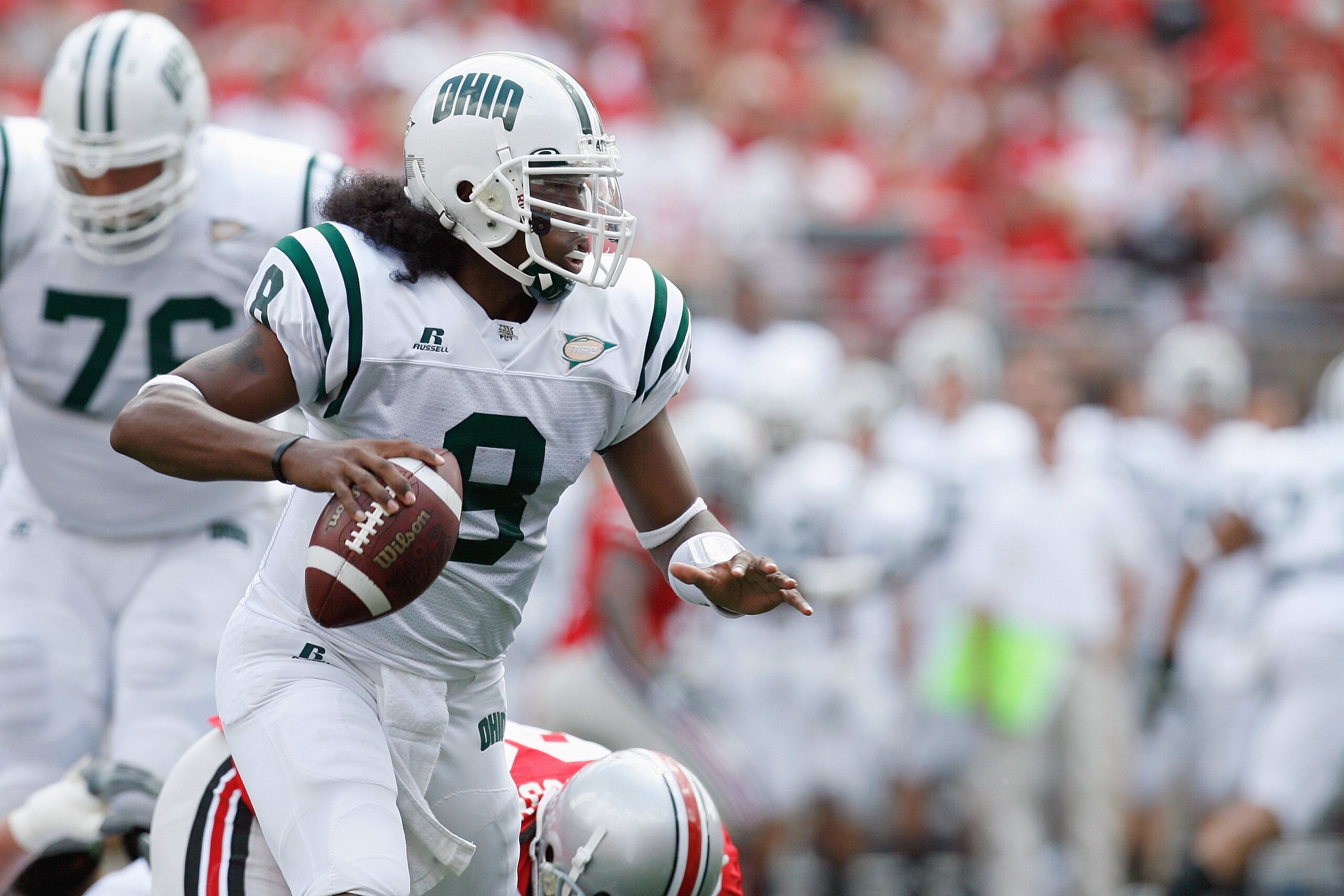 COLUMBUS, OH - SEPTEMBER 06: Boo Jackson #8 of the Ohio Bobcats moves as he looks to pass the ball during the game against the Ohio State Buckeyes at Ohio Stadium on September 6, 2008 in Columbus, Ohio. (Photo by Kevin C. Cox/Getty Images) COLUMBUS, OH - SEPTEMBER 06: Boo Jackson #8 of the Ohio Bobcats moves as he looks to pass the ball during the game against the Ohio State Buckeyes at Ohio Stadium on September 6, 2008 in Columbus, Ohio. (Photo by Kevin C. Cox/Getty Images)