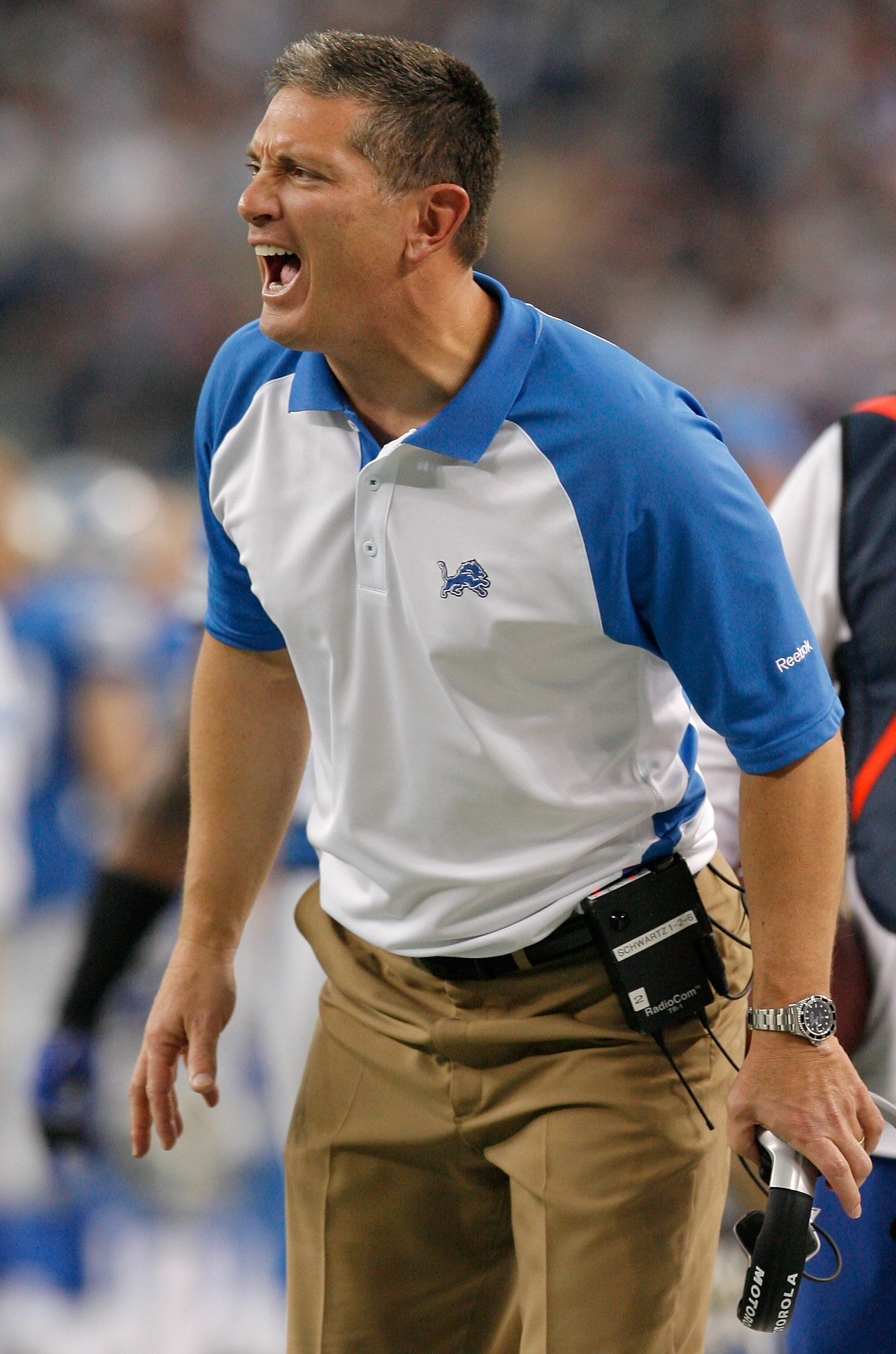 ARLINGTON, TX - NOVEMBER 21:  Head coach Jim Schwartz of the Detroit Lions reacts to a call from the officials while taking on the Dallas Cowboys at Cowboys Stadium on November 21, 2010 in Arlington, Texas.  The Cowboys beat the Lions 35-19.  (Photo by To