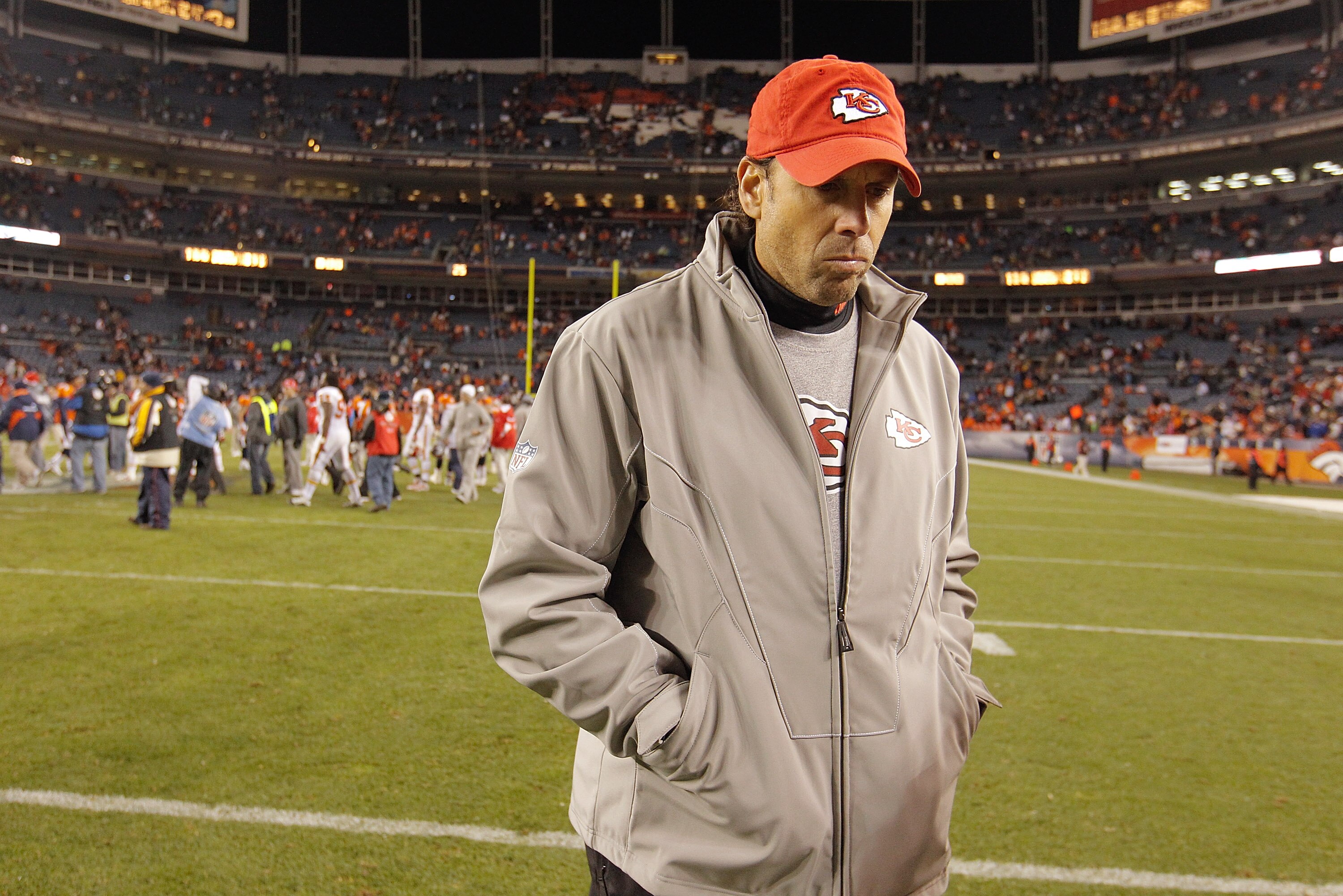 DENVER - NOVEMBER 14:  Head coach Todd Haley of the Kansas City Chiefs walks off the field following the Chiefs 49-29 loss to the Denver Broncos at INVESCO Field at Mile High on November 14, 2010 in Denver, Colorado. (Photo by Justin Edmonds/Getty Images)