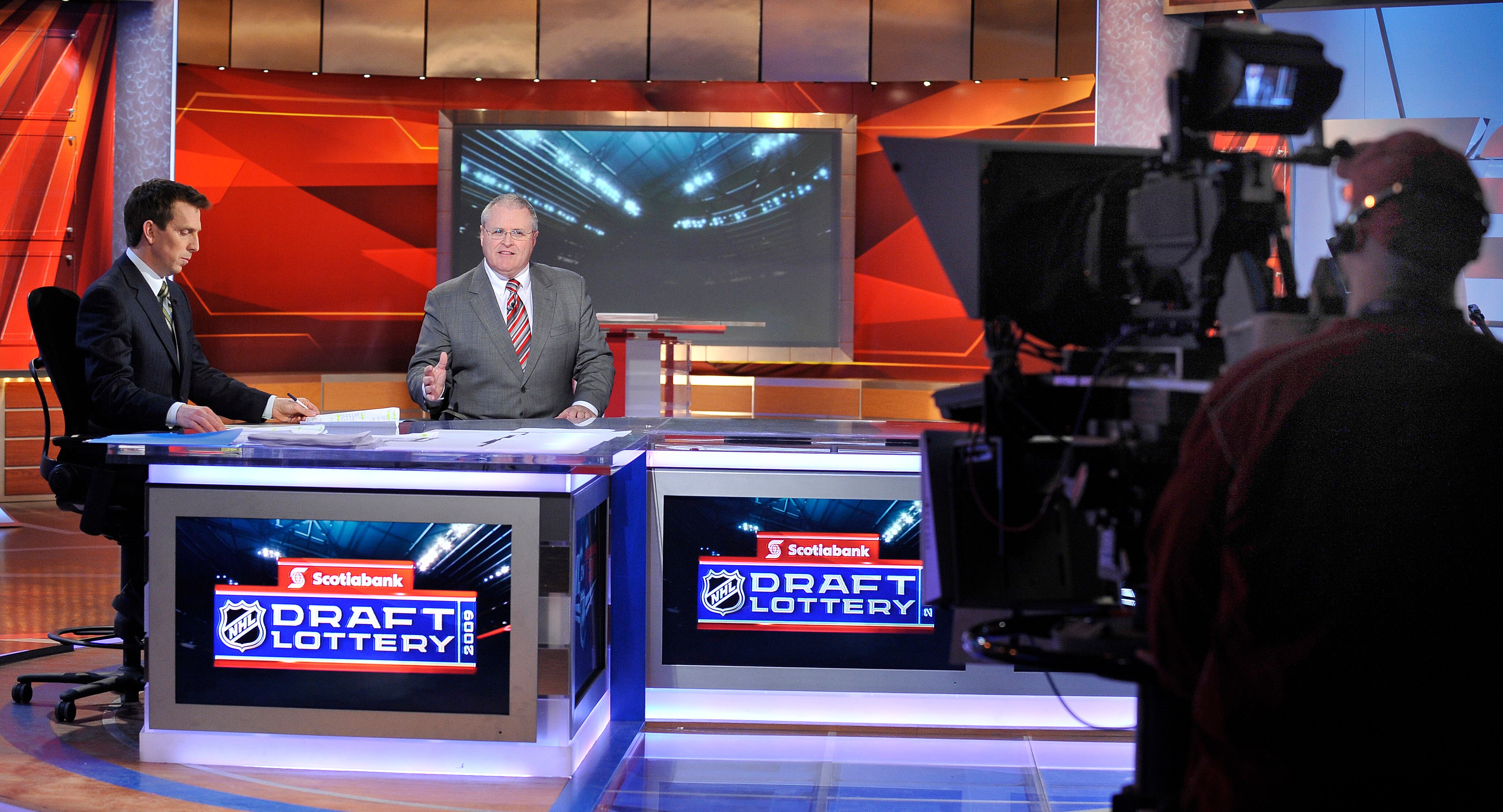 TORONTO - APRIL 14:  James Duthie and Bob McKenzie take part in the NHL Draft Lottery at the TSN Studios April 14, 2009 in Toronto, Ontario, Canada. (Photo by Brad White/Getty Images)
