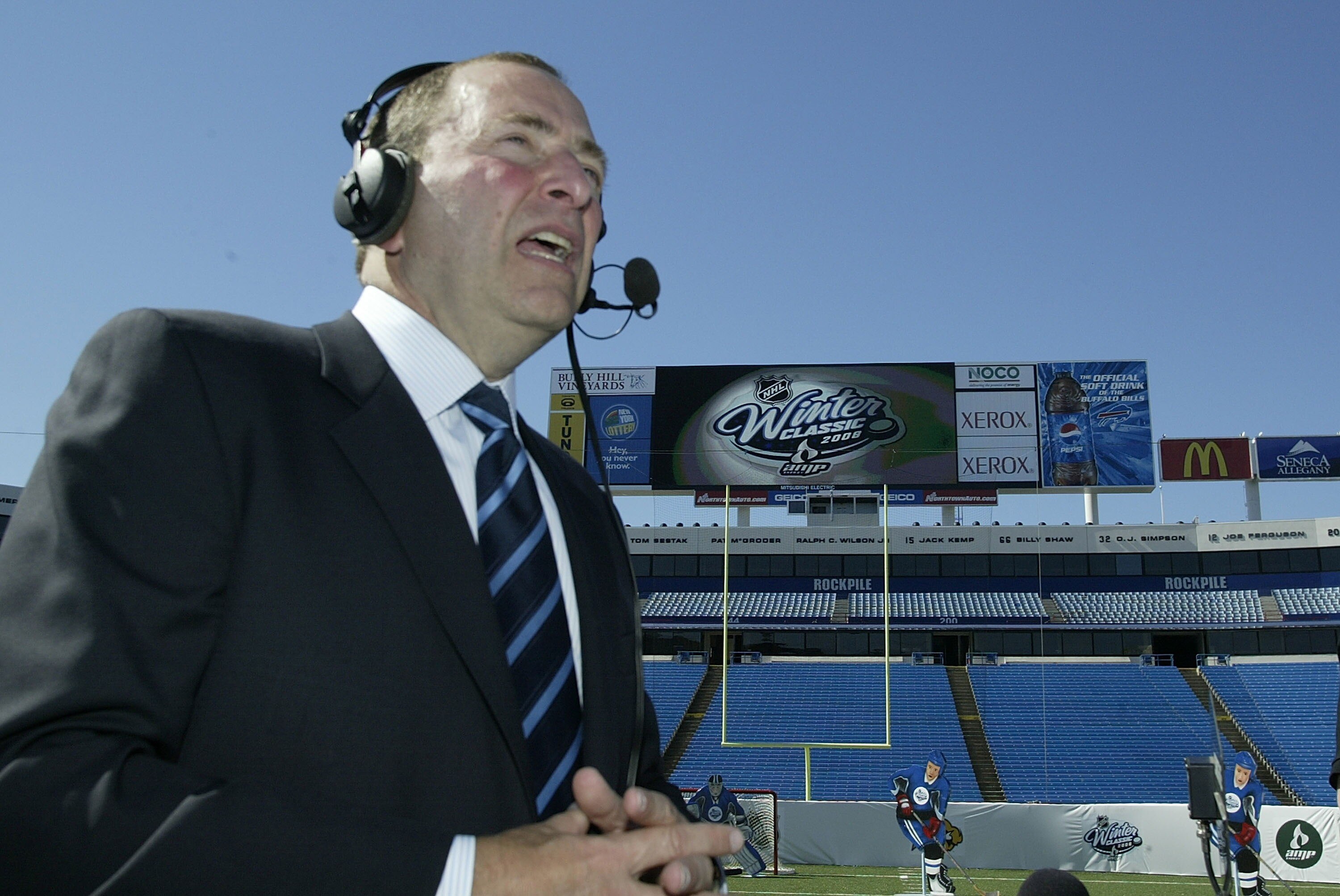 ORCHARD PARK, NY - SEPTEMBER 17:  Gary Bettman, NHL Commissioner speaks on a local radio show on September 17, 2007 at Ralph Wilson Stadium in Orchard Park, New York. A press conference was held to announce that the 2008 NHL Winter Classic will be played