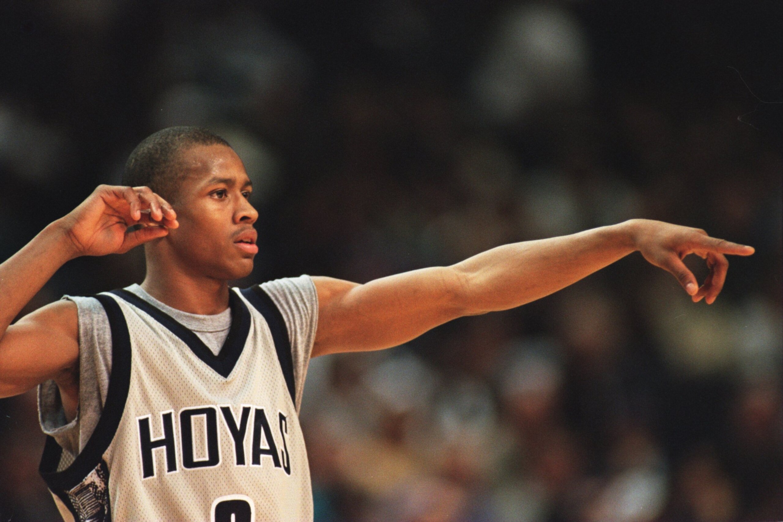 24 Jan 1995: ALLEN IVERSON OF GEORGETOWN ON COURT DURING THE 88-71 WIN OVER ST. JOHN''S IN THE BIG-EAST CONFERENCE GAME AT THE USAIR ARENA IN WASHINGTON DC.