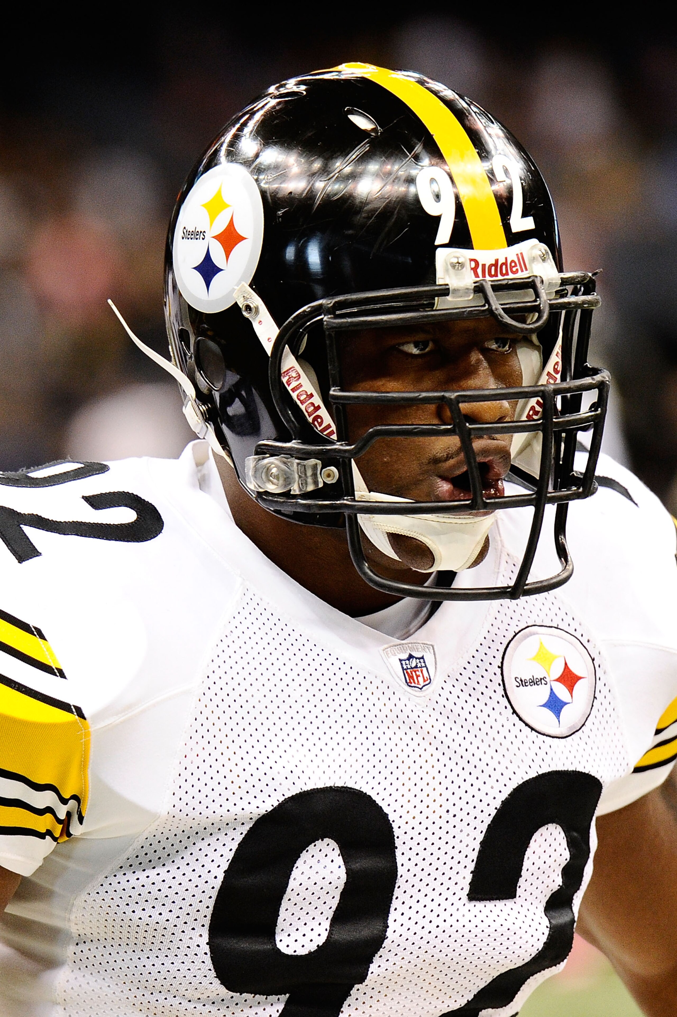 NEW ORLEANS - OCTOBER 31:  James Harrison #92 of the Pittsburgh Steelers is seen before the game against the New Orleans Saints at Louisiana Superdome on October 31, 2010 in New Orleans, Louisiana.  The Saints won 20-10 over the Steelers.  (Photo by Karl