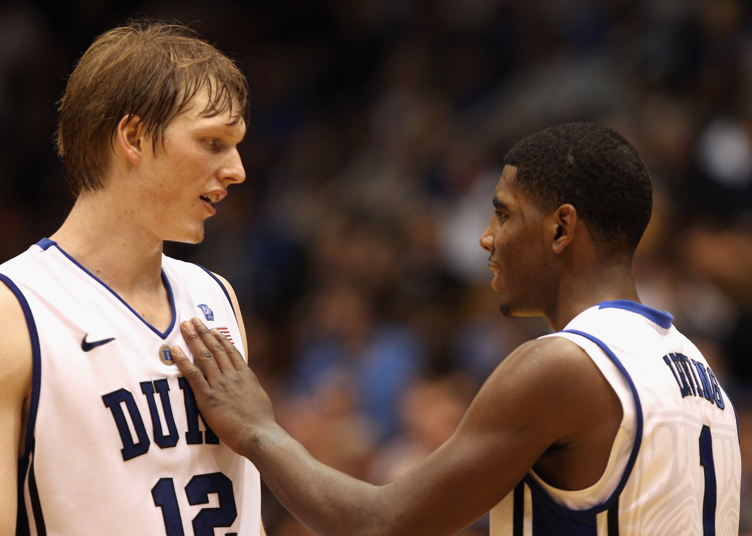 DURHAM, NC - DECEMBER 01:  Kyrie Irving #1 of the Duke Blue Devils and teammate Kyle Singler #12 during their game against the Michigan State Spartans at Cameron Indoor Stadium on December 1, 2010 in Durham, North Carolina.  (Photo by Streeter Lecka/Getty