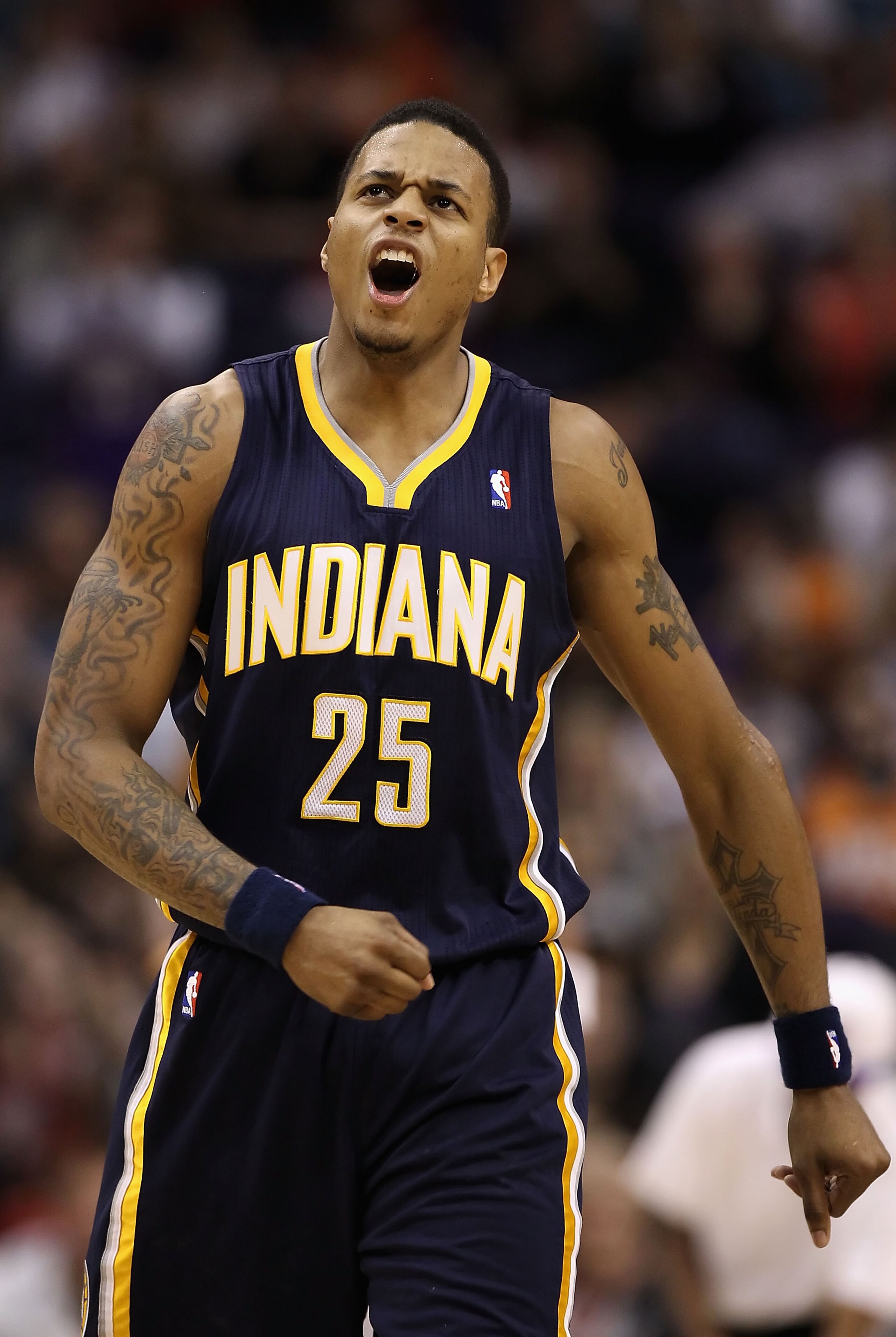 PHOENIX - DECEMBER 03:  Brandon Rush #25 of the Indiana Pacers reacts to a foul call during the NBA game against the Phoenix Suns at US Airways Center on December 3, 2010 in Phoenix, Arizona. The Suns defeated the Pacers 105-97.  NOTE TO USER: User expres