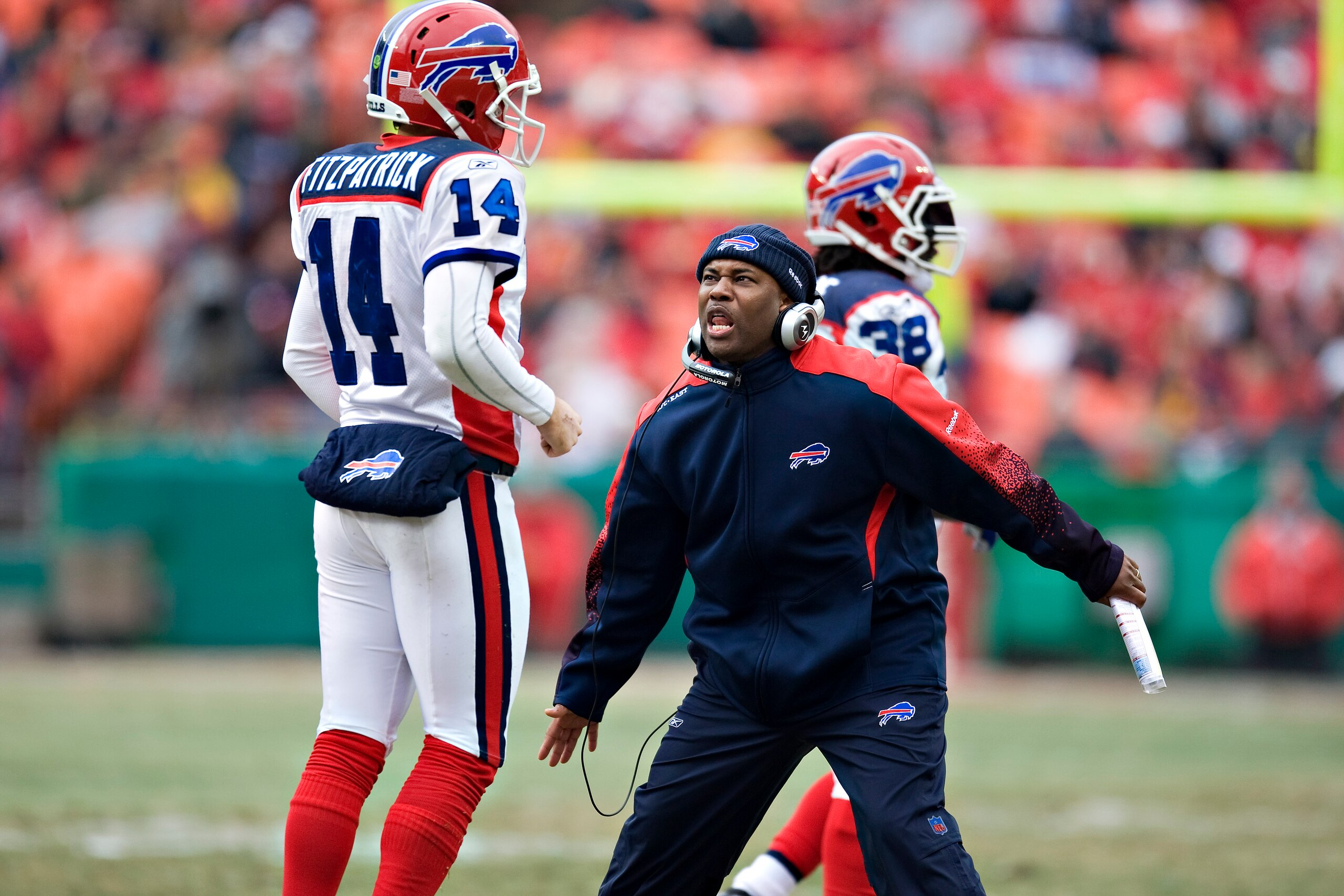KANSAS CITY, MO - DECEMBER 13: Interim Head Coach Perry Fewell of the Buffalo Bills gets excited after a touchdown during NFL action against the Kansas City Chiefs at Arrowhead Stadium on December 13, 2009 Kansas City, Missouri.  The Bills defeated the Ch