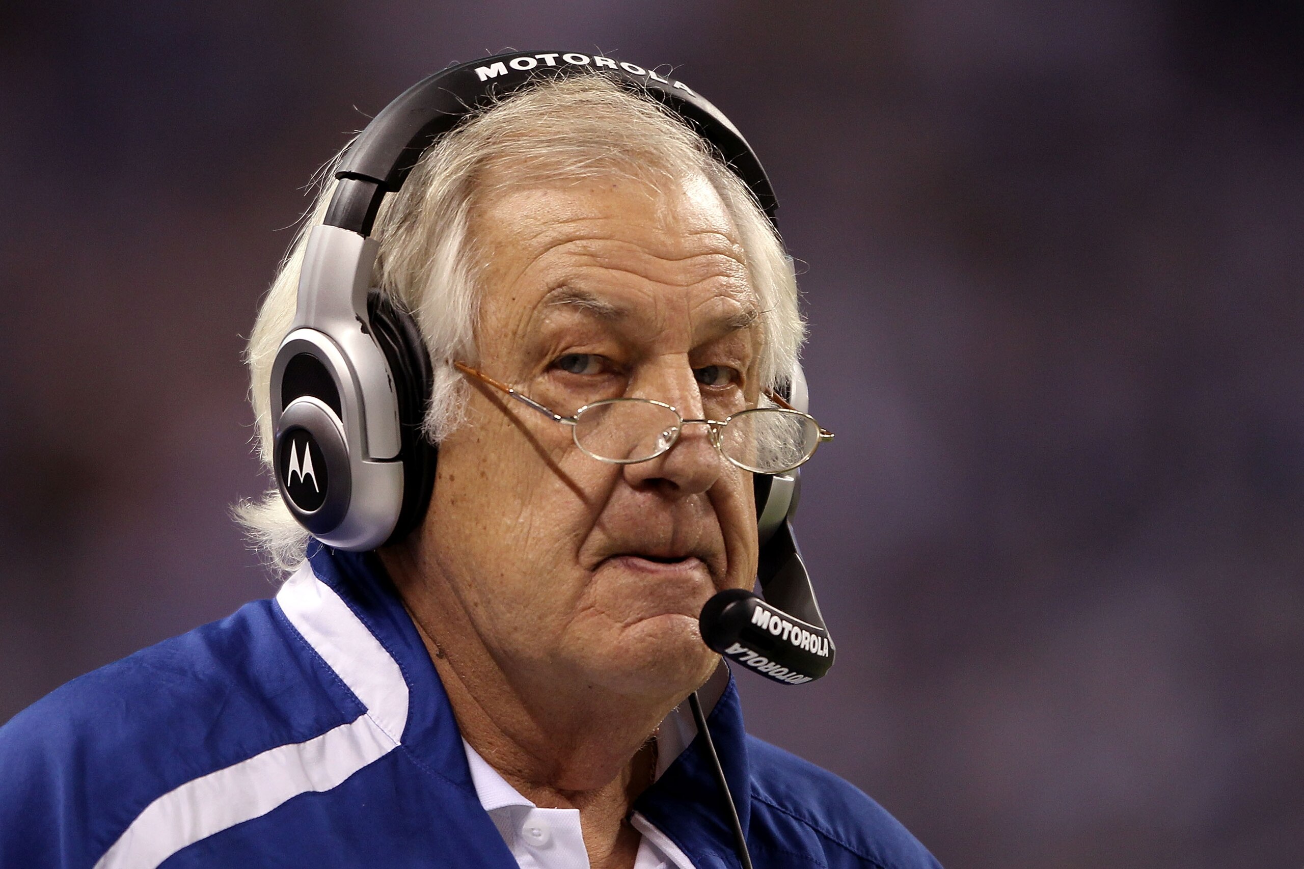 INDIANAPOLIS - JANUARY 24:  Senior offensive coordinator Tom Moore of the Indianapolis Colts looks on from the sideline in the second half against the New York Jets during the AFC Championship Game at Lucas Oil Stadium on January 24, 2010 in Indianapolis,