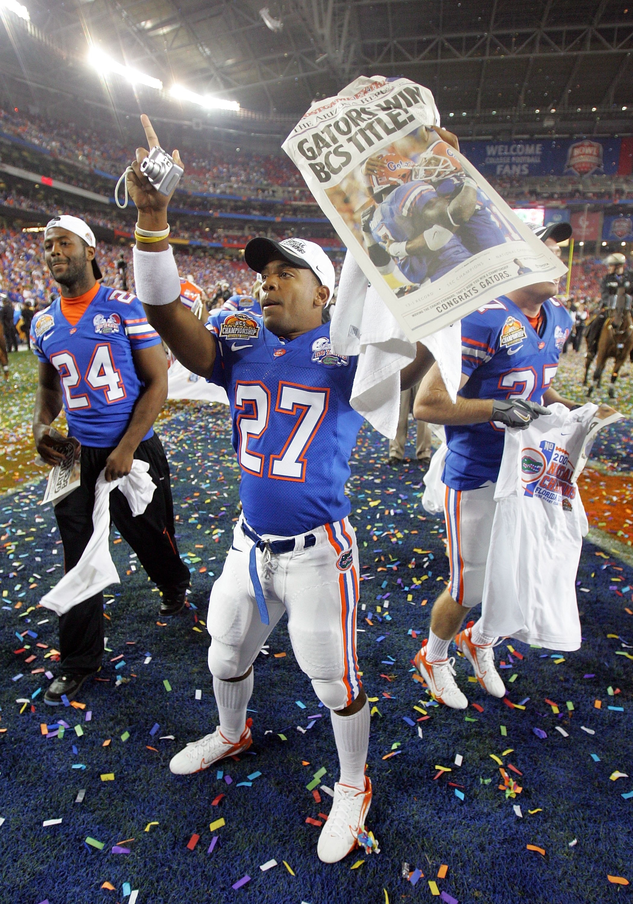 GLENDALE, AZ - JANUARY 08:  Telly Concepcion#27 of the Florida Gators celebrates after defeating the Ohio State Buckeyes after the 2007 Tostitos BCS National Championship Game at the University of Phoenix Stadium on January 8, 2007 in Glendale, Arizona. T