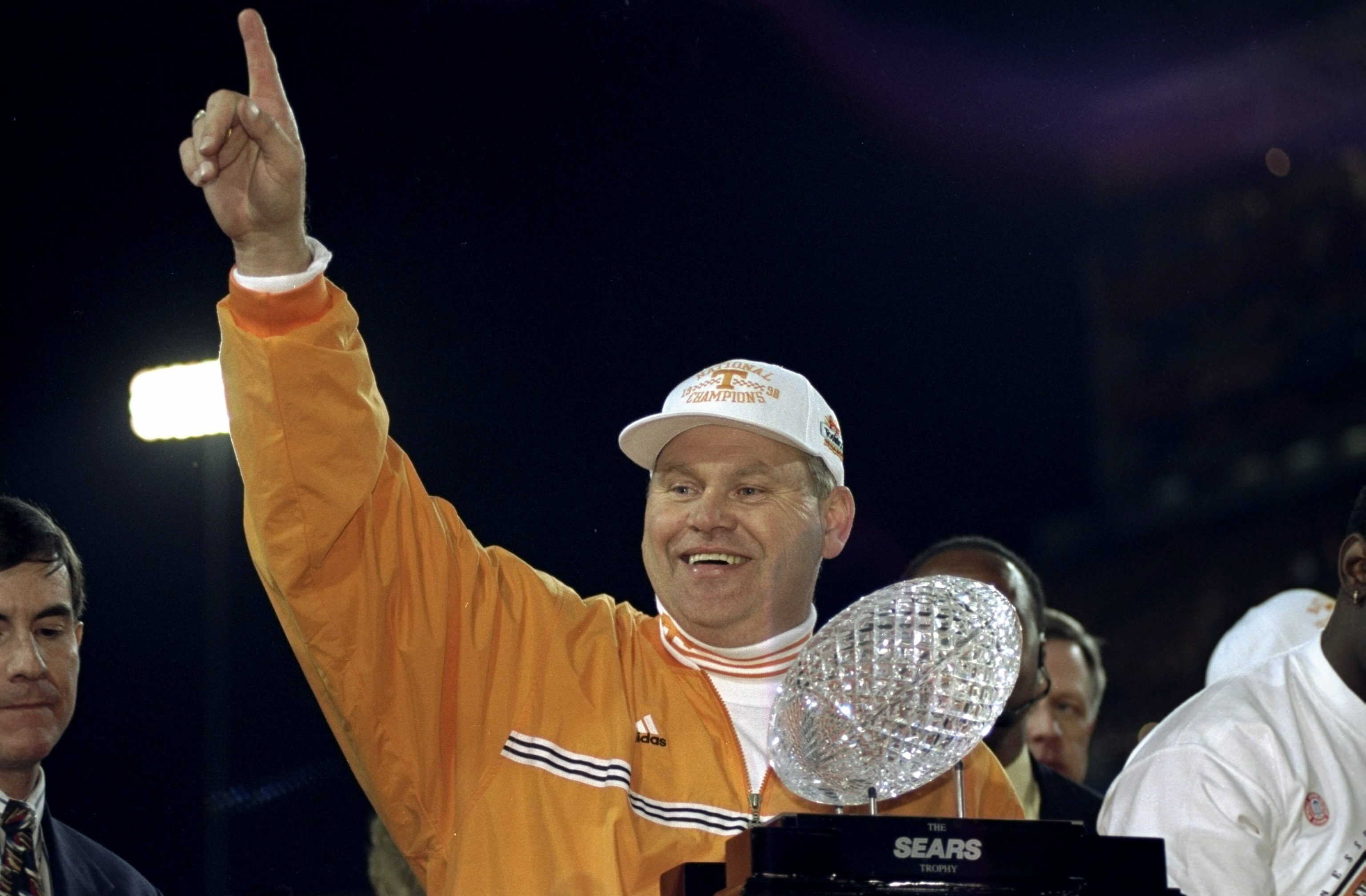4 Jan 1999:  Head Coach Phillip Fulmer of the Tennessee Volunteers excepting an award after the Tostitos Fiesta Bowl Game against the Florida State Seminoles at the Sun Devil Stadium in Tempe, Arizona. The Volunteers defeated the Seminoles 23-16. Mandator