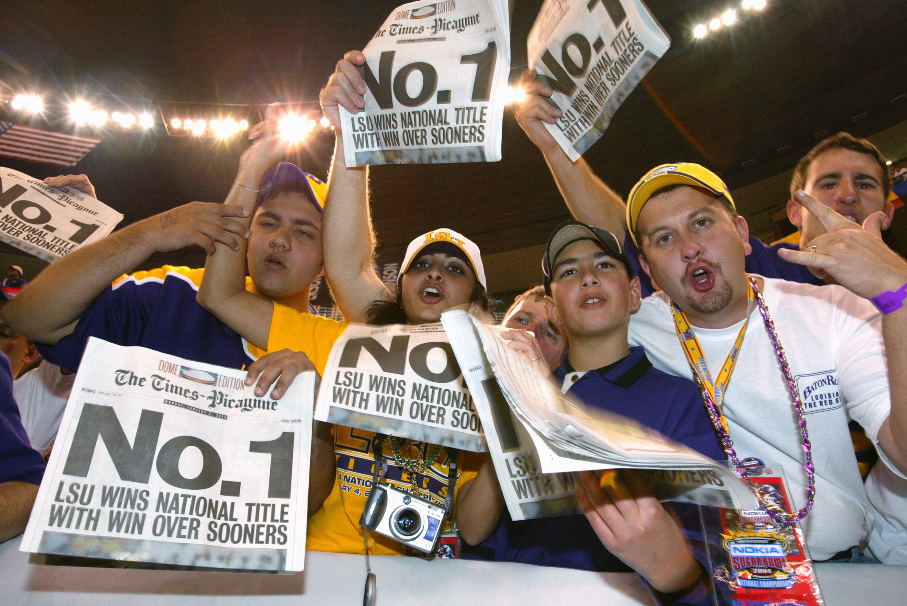 NEW ORLEANS - JANUARY 4:  The Louisiana State University Tigers fans support their team in the National Championship Nokia Sugar Bowl game against the University of Oklahoma Sooners at the Louisiana Superdome on January 4, 2004 in New Orleans, Louisiana.