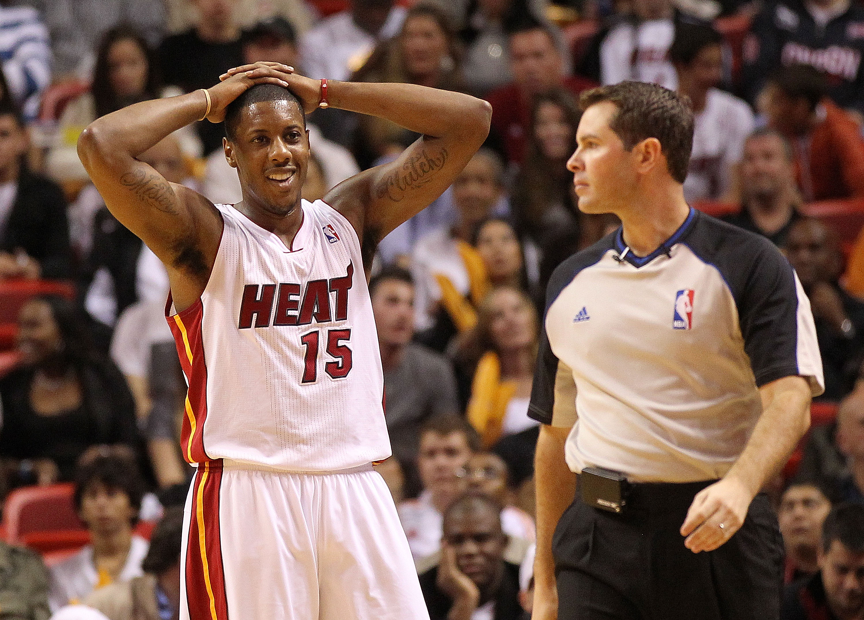 MIAMI, FL - DECEMBER 04: Mario Chalmers #15 of the Miami Heat reacts after being called for a foul during a game against the Atlanta Hawks at American Airlines Arena on December 4, 2010 in Miami, Florida. NOTE TO USER: User expressly acknowledges and agre