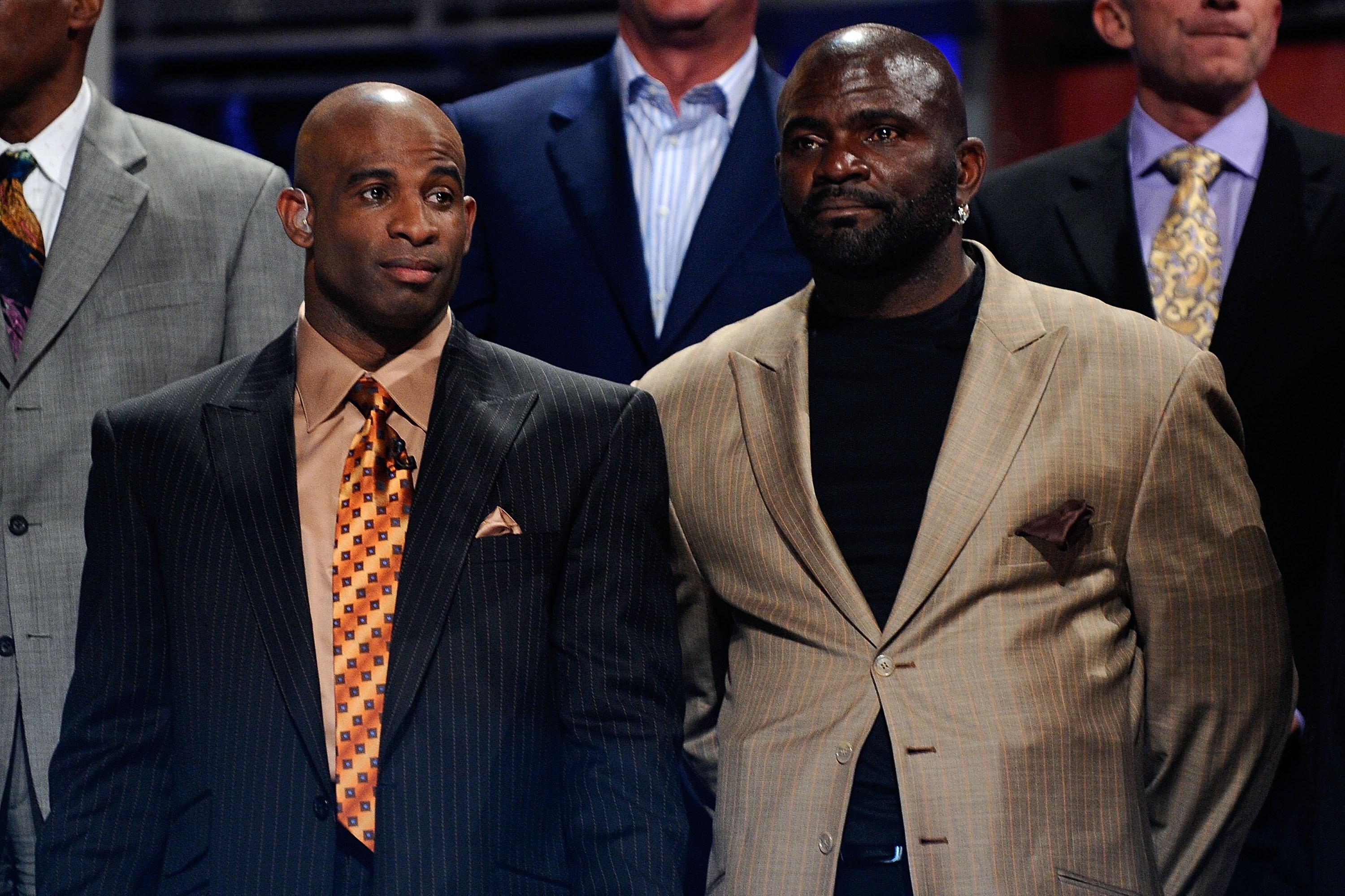 NEW YORK - APRIL 22:  Former NFL Players Dieon Sanders and Lawrence Taylor stand on stage during the 2010 NFL Draft at Radio City Music Hall on April 22, 2010 in New York City.  (Photo by Jeff Zelevansky/Getty Images)
