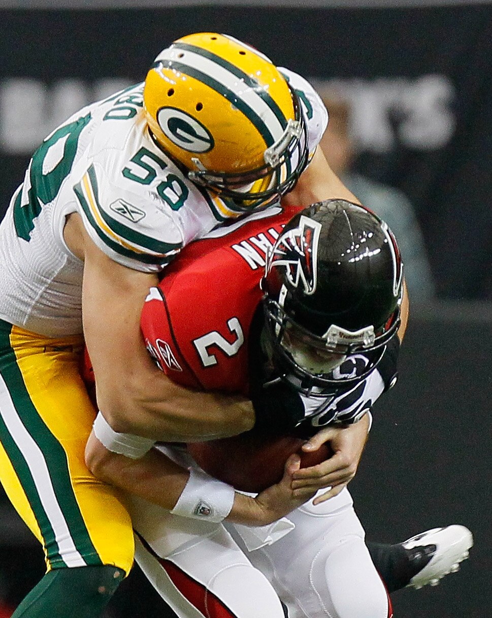 ATLANTA - NOVEMBER 28: Quarterback Matt Ryan #2 of the Atlanta Falcons is sacked Frank Zombo #58 of the Green Bay Packers at Georgia Dome on November 28, 2010 in Atlanta, Georgia. (Photo by Kevin C. Cox/Getty Images) ATLANTA - NOVEMBER 28: Quarterback Matt Ryan #2 of the Atlanta Falcons is sacked Frank Zombo #58 of the Green Bay Packers at Georgia Dome on November 28, 2010 in Atlanta, Georgia. (Photo by Kevin C. Cox/Getty Images)