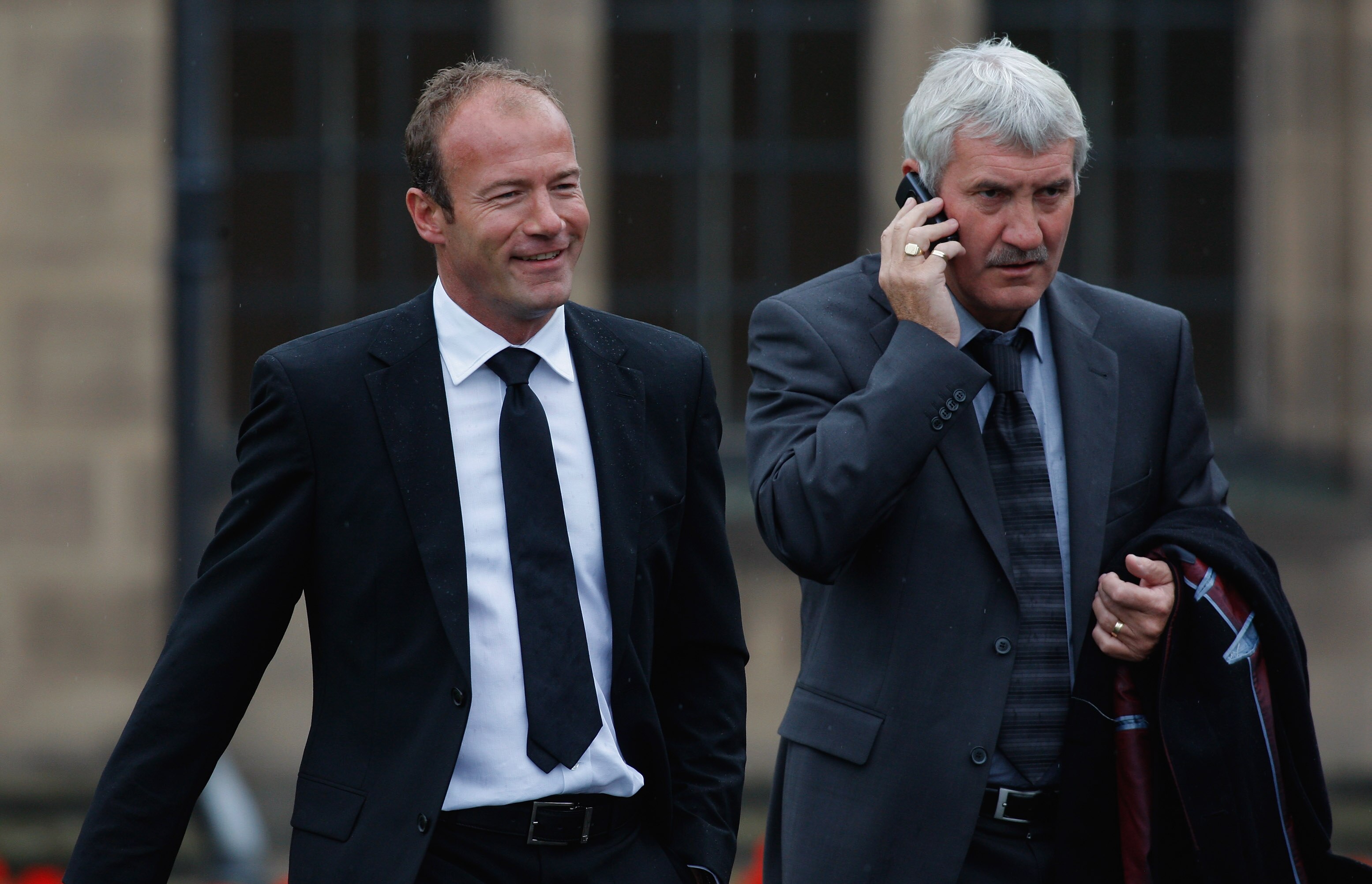 DURHAM, ENGLAND - SEPTEMBER 21:  Former England footballers Alan Shearer (l) and Terry Mcdermott arrive before the Sir Bobby Robson Memorial Service at Durham Cathedral on September 21, 2009 in Durham, England. Thousands of football fans are expected to p