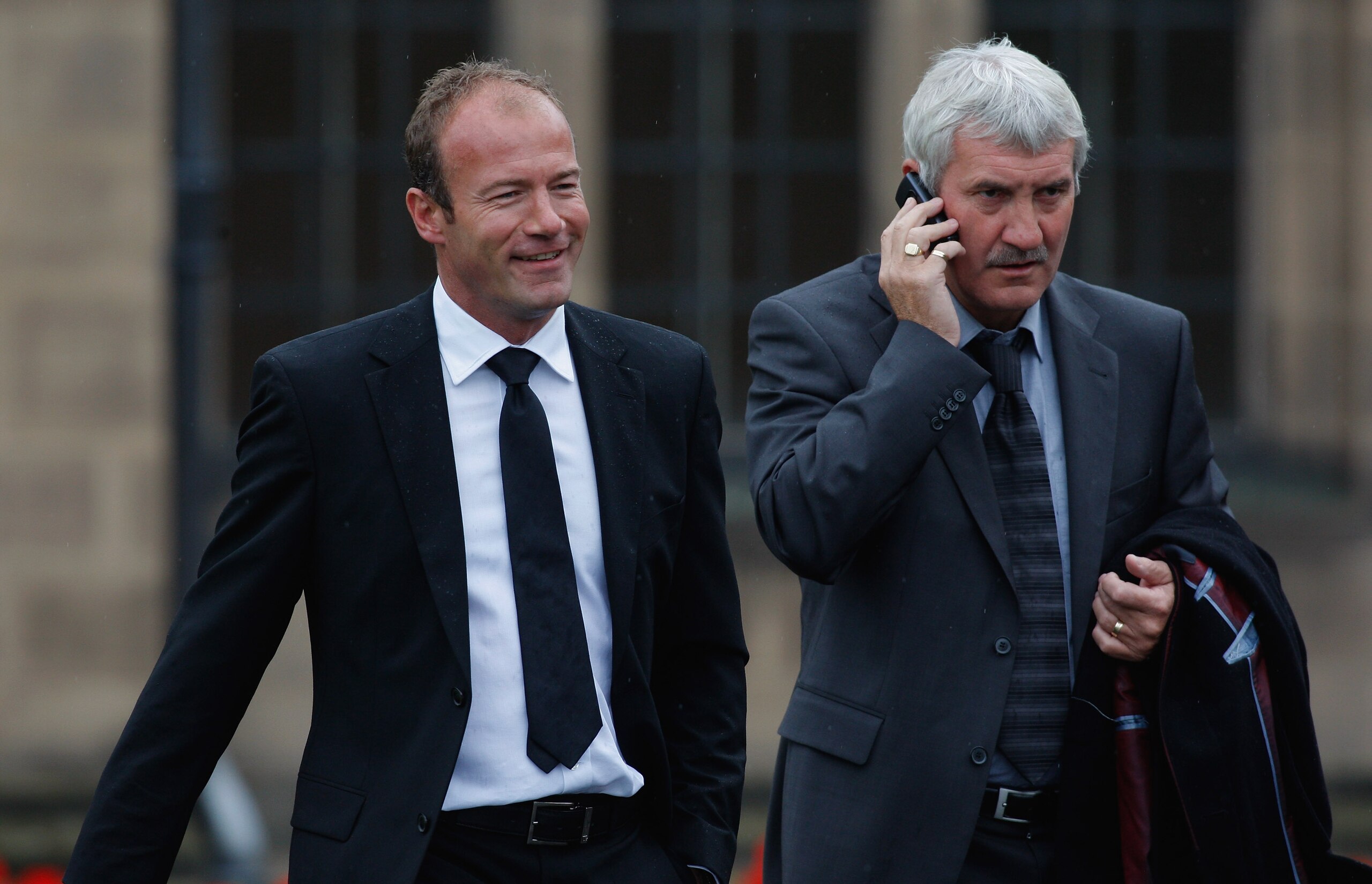 DURHAM, ENGLAND - SEPTEMBER 21:  Former England footballers Alan Shearer (l) and Terry Mcdermott arrive before the Sir Bobby Robson Memorial Service at Durham Cathedral on September 21, 2009 in Durham, England. Thousands of football fans are expected to p