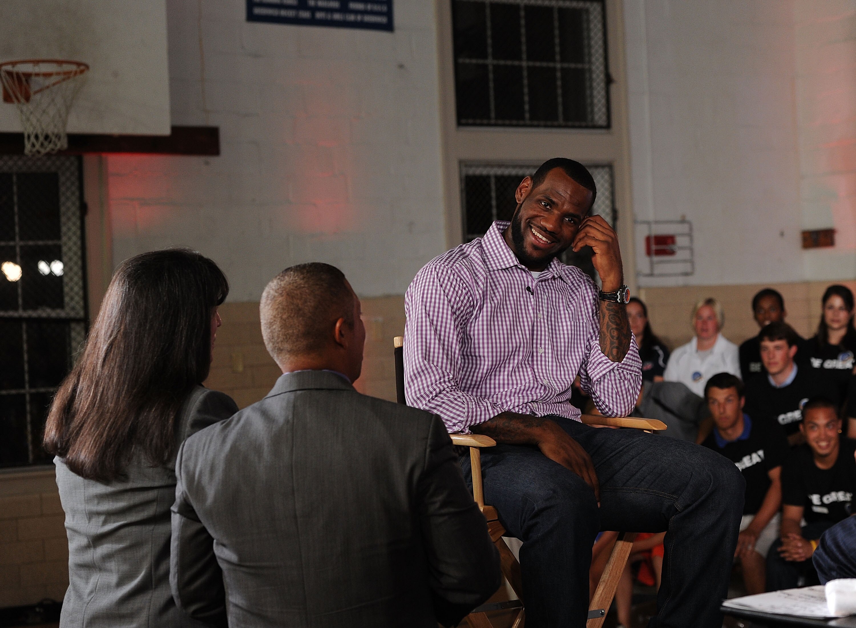 GREENWICH, CT - JULY 08:  Roxanne Spillett President & CEO, Boys & Girls Clubs of America, and Frank Sanchez Jr. President and CEO, Boys Clubs of America speak with LeBron James at the LeBron James announcement of his future NBA plans at the  Boys & Girls