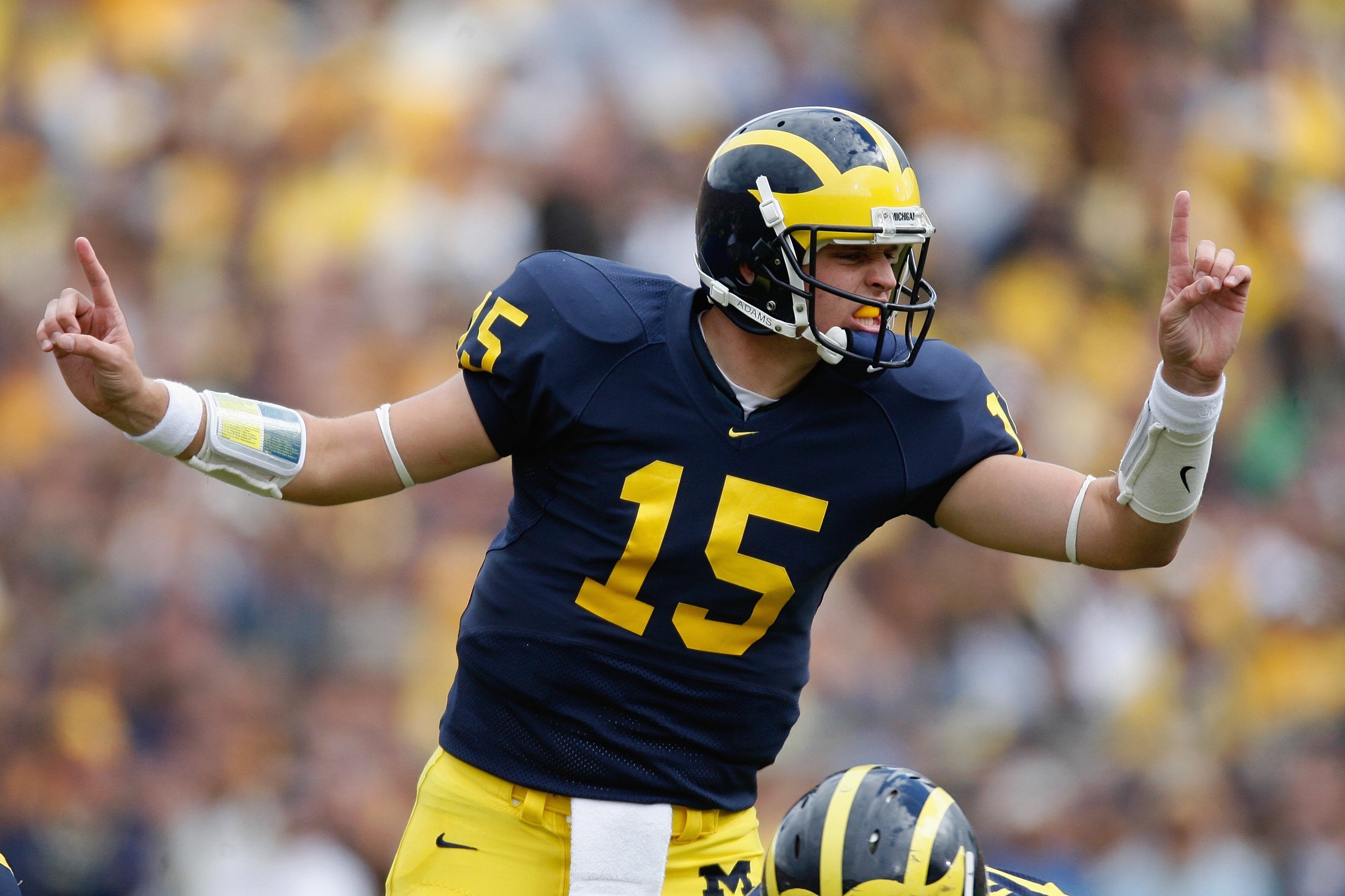 ANN ARBOR, MI - SEPTEMBER 15:  Ryan Mallett #15 of the Michigan Wolverines calls out signals during the game against the Notre Dame Fighting Irish on September 15, 2007 at Michigan Stadium in Ann Arbor, Michigan. Michigan won 38-0. (Photo by Gregory Shamu