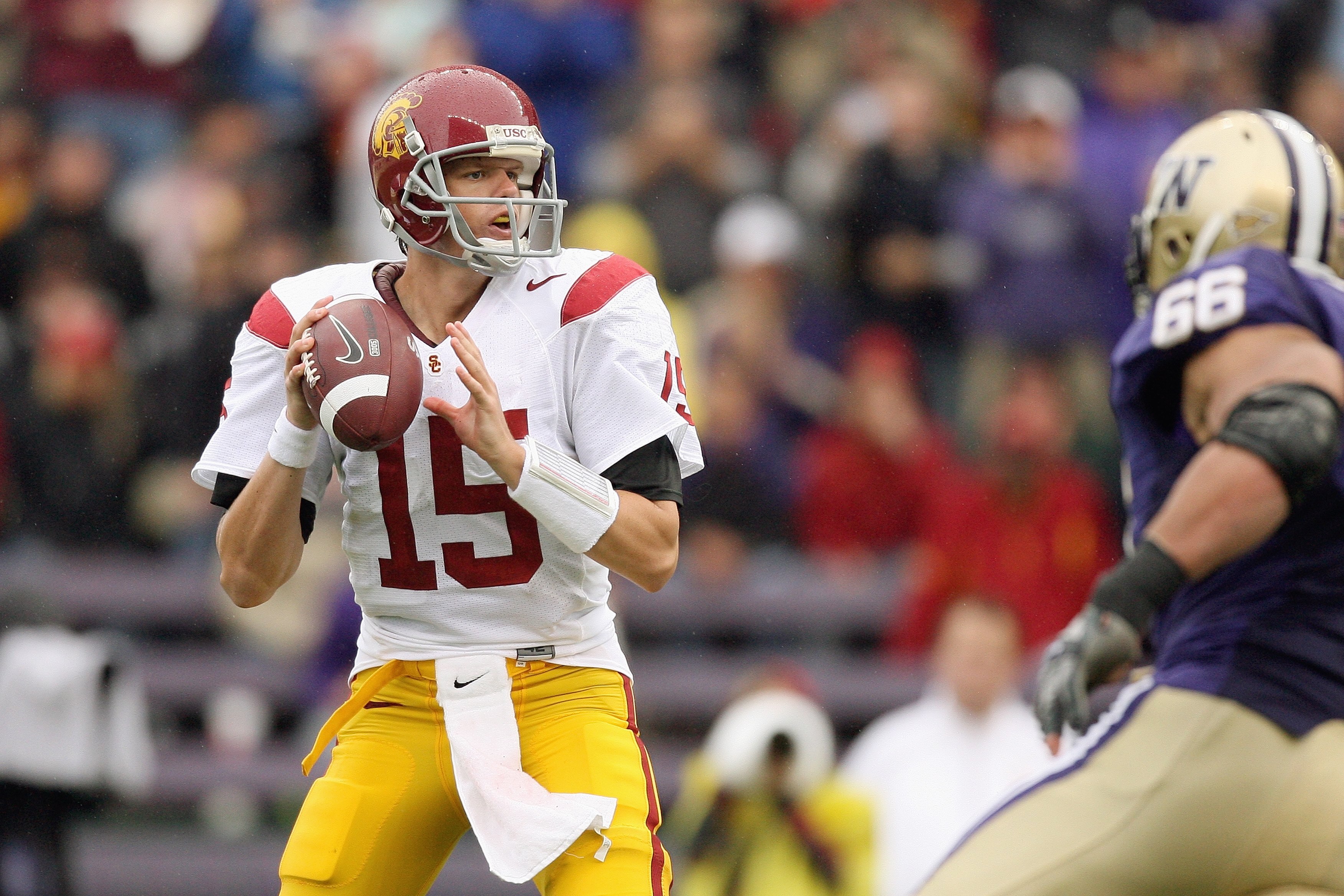 SEATTLE - SEPTEMBER 19: Aaron Corp #15 of the USC Trojans passes the ball during the game against the Washington Huskies on September 19, 2009 at Husky Stadium in Seattle, Washington. The Huskies defeated the Trojans 16-13. (Photo by Otto Greule Jr/Getty