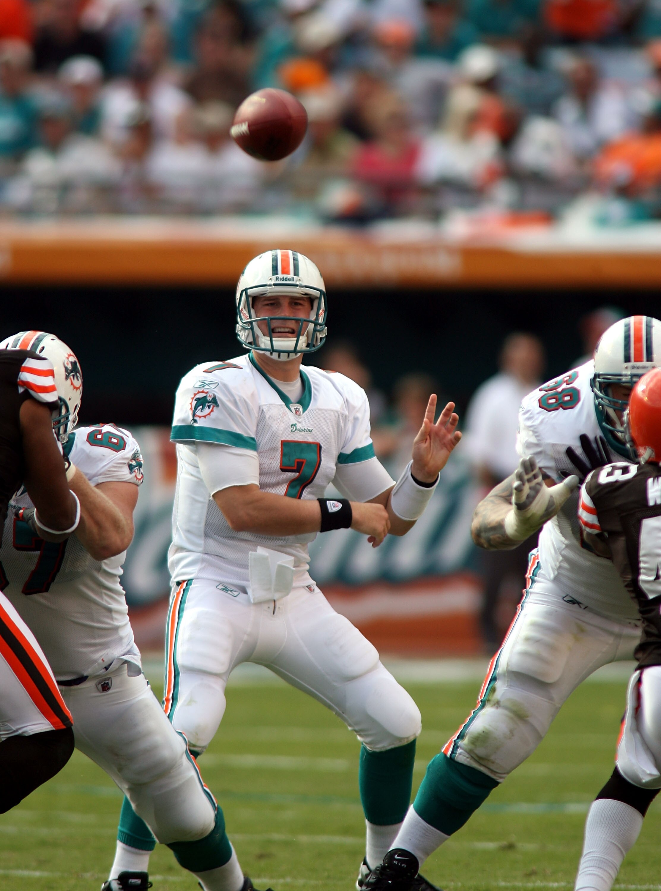 MIAMI, FL - DECEMBER 05:  Quarterback Chad henne #7 of the Miami Dolphins scrambles against the Cleveland Browns while sliding at Sun Life Stadium on December 5, 2010 in Miami, Florida. Cleveland defeated Miami 13-10.  (Photo by Marc Serota/Getty Images)