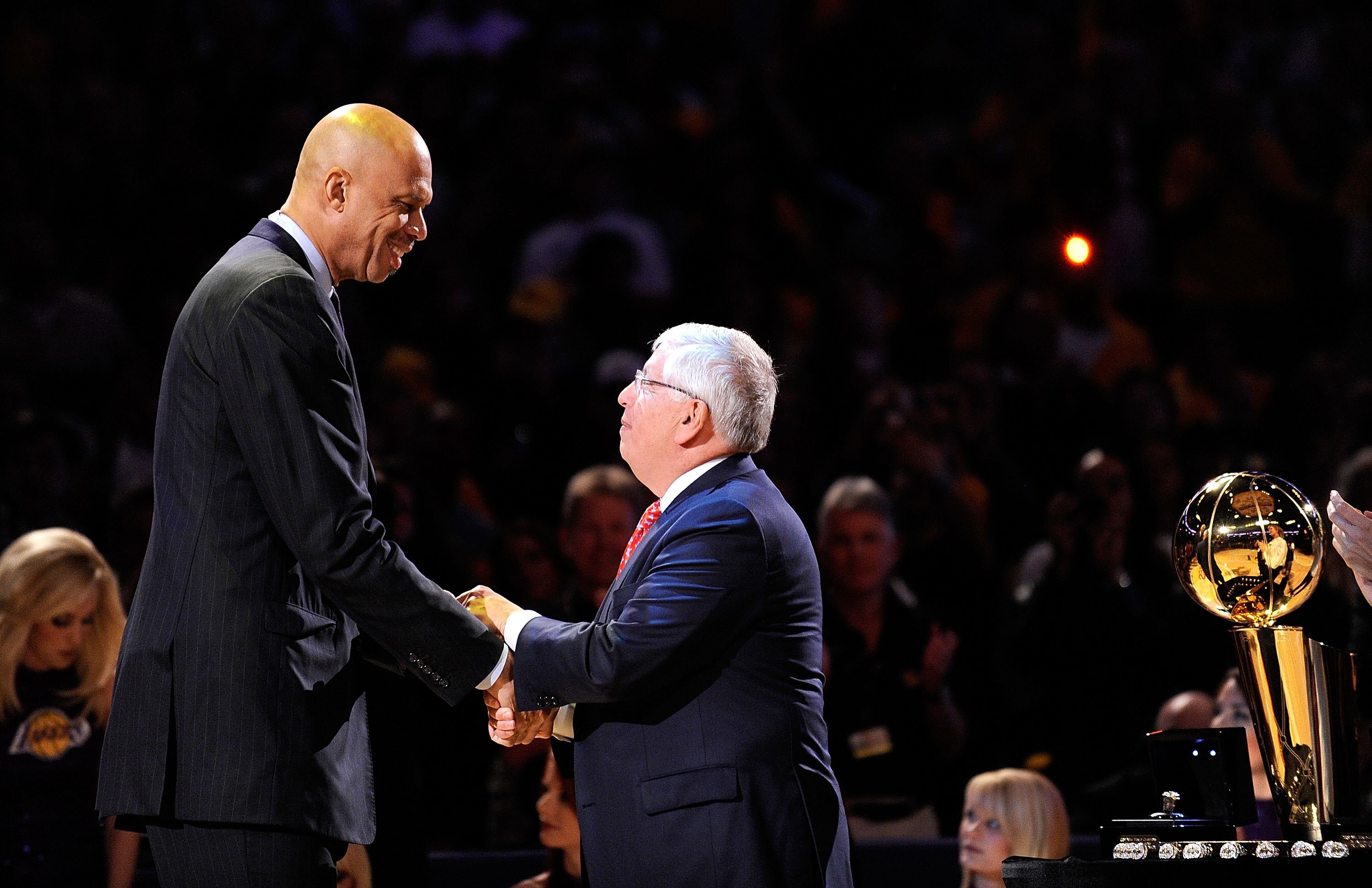 LOS ANGELES, CA - OCTOBER 27:  Assistant coach Kareem Abdul-Jabbar (L) of the Los Angeles Lakers receives his 2009 NBA Championship ring from NBA Commissioner David Stern before the season opening game against the Los Angeles Clippers at Staples Center on