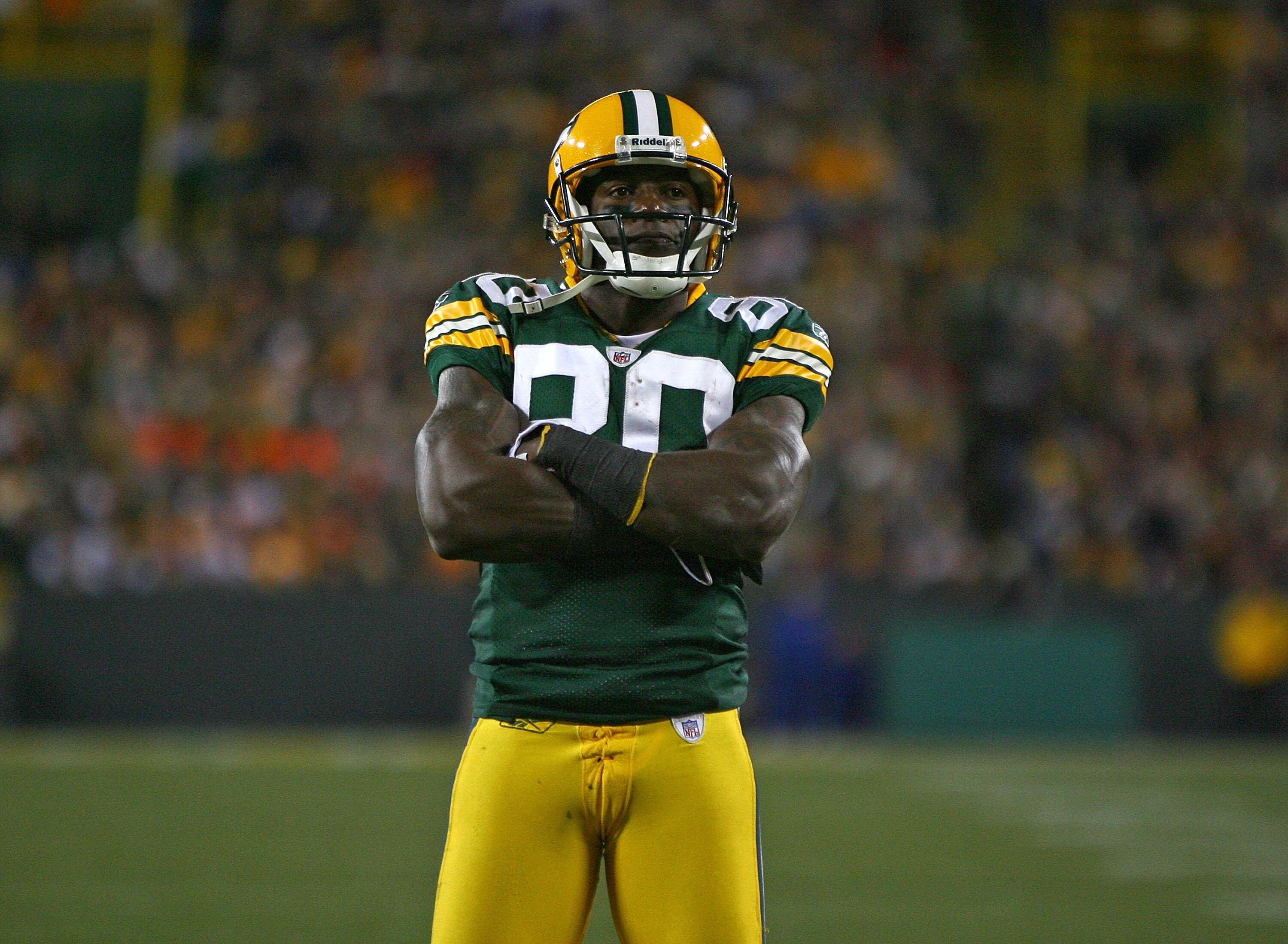 GREEN BAY, WI - NOVEMBER 15: Donald Driver #80 of the Green Bay Packers reacts after an interference call against him during a game against the Dallas Cowboys at Lambeau Field on November 15, 2009 in Green Bay, Wisconsin. The Packers defeated the Cowboys