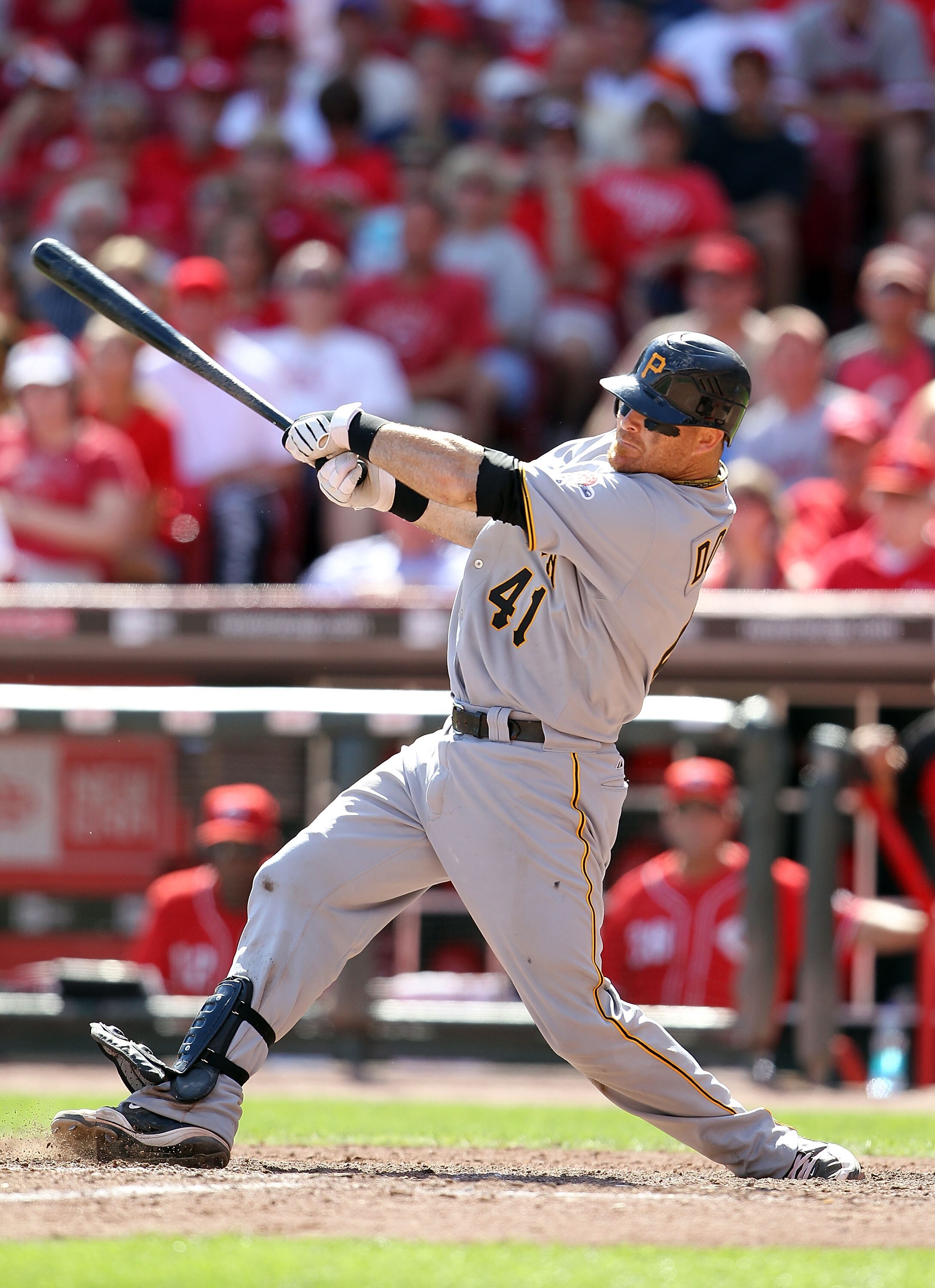 CINCINNATI - SEPTEMBER 12:  Ryan Doumit #41 of the Pittsburgh Pirates is pictured during the game against the Cincinnati Reds at Great American Ballpark on September 12, 2010 in Cincinnati, Ohio.  (Photo by Andy Lyons/Getty Images)