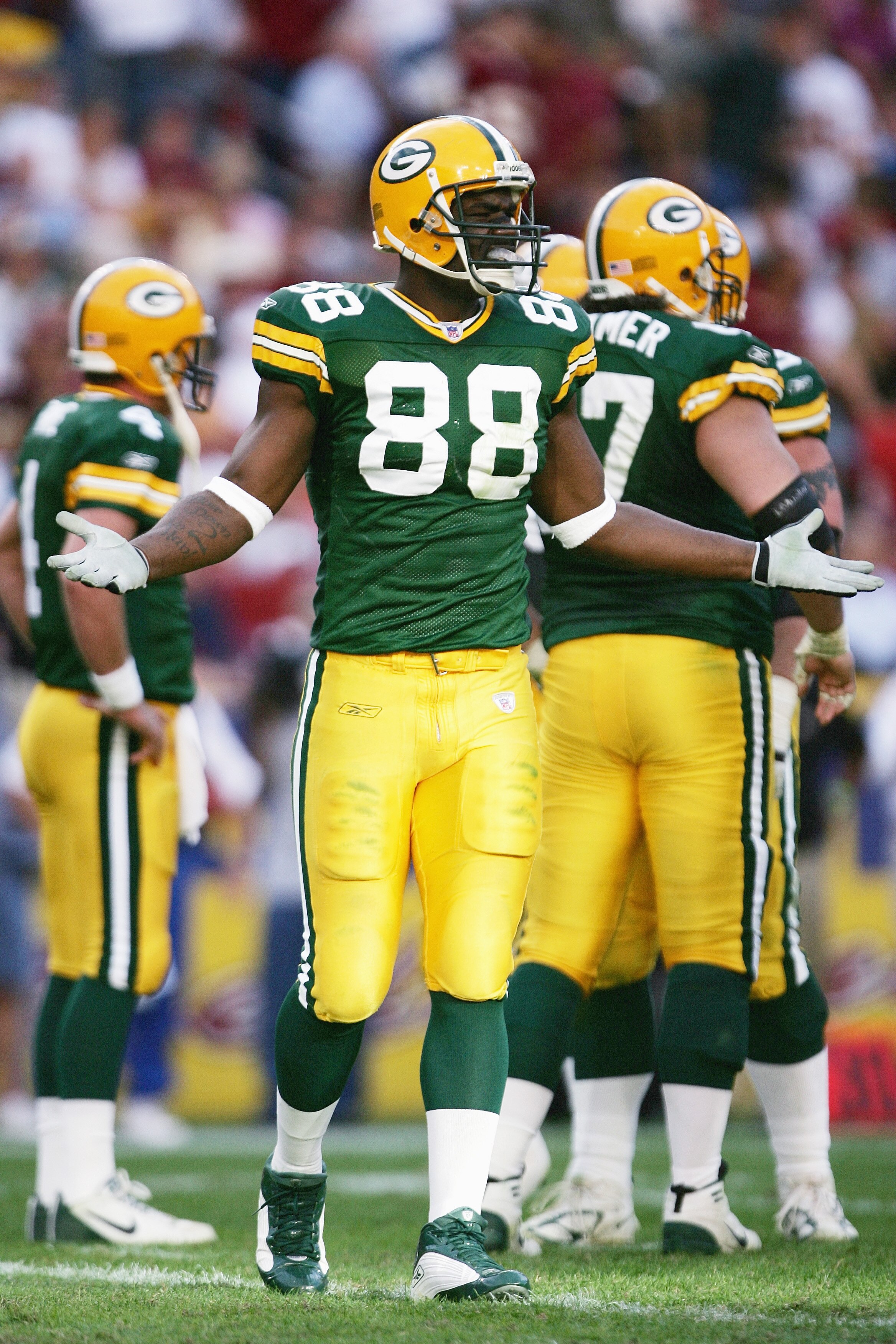 LANDOVER, MD - OCTOBER 31:  Bubba Franks #88 of the Green Bay Packers looks on during a break in action against the Washington Redskins at FedEx Field on October 31, 2004 in Landover, Maryland. The Packers defeated the Redskins 28-14. (Photo by Doug Pensi