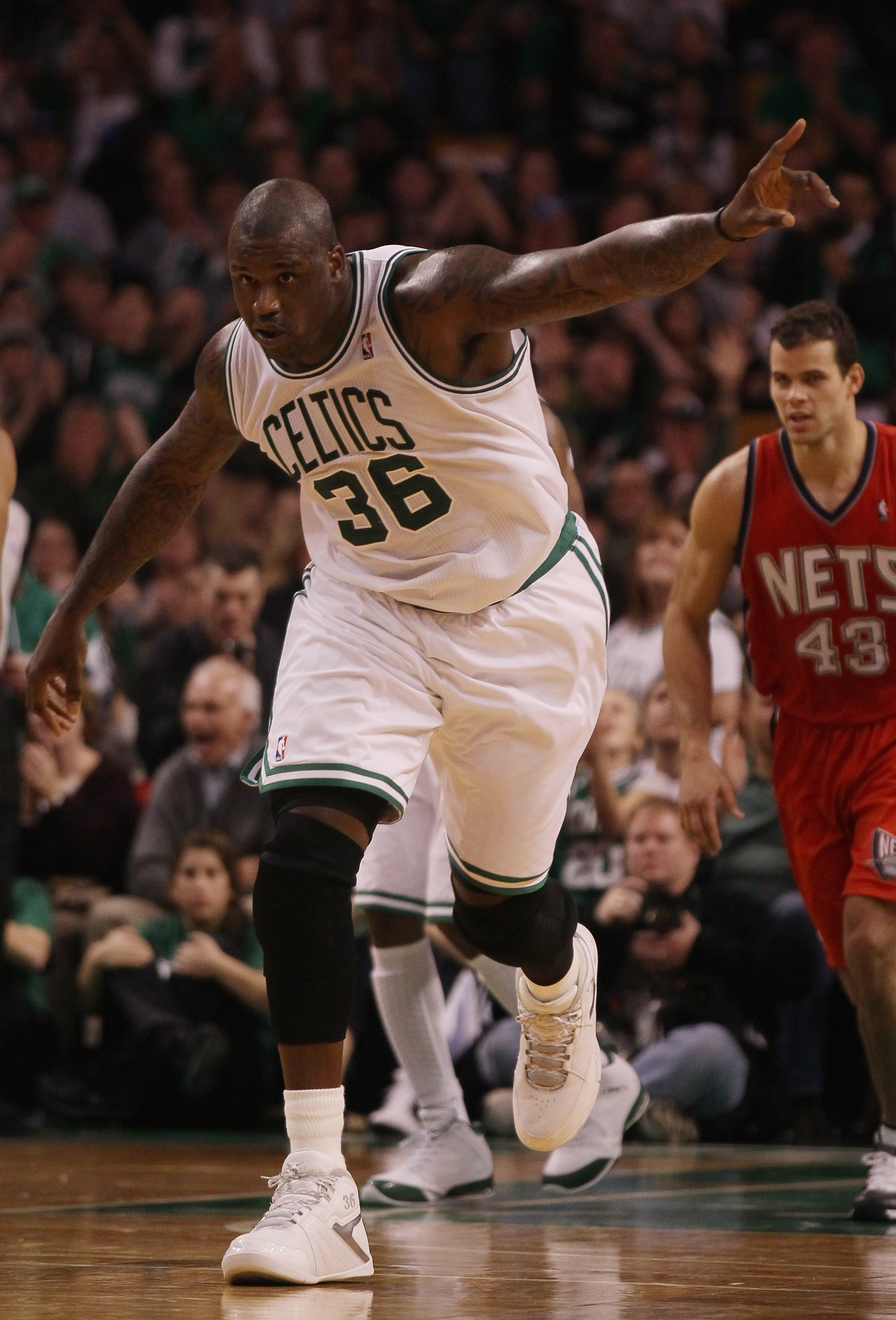 BOSTON - NOVEMBER 24:  Shaquille O'Neal #36 of the Boston Celtics celebrates his basket in the fourth quarter against the New Jersey Nets on November 24, 2010 at the TD Garden in Boston, Massachusetts. The Celtics defeated the nets 89-83. NOTE TO USER: Us