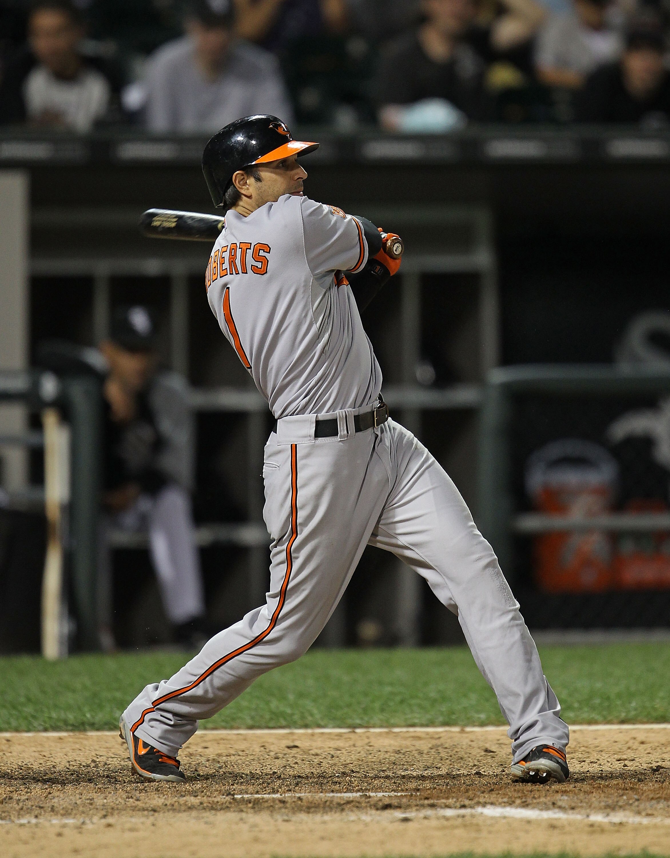 CHICAGO - AUGUST 25: Brian Roberts #1 of the Baltimore Orioles takes a swing against the Chicago White Sox at U.S. Cellular Field on August 25, 2010 in Chicago, Illinois. The Orioles defeated the White Sox 4-2. (Photo by Jonathan Daniel/Getty Images)