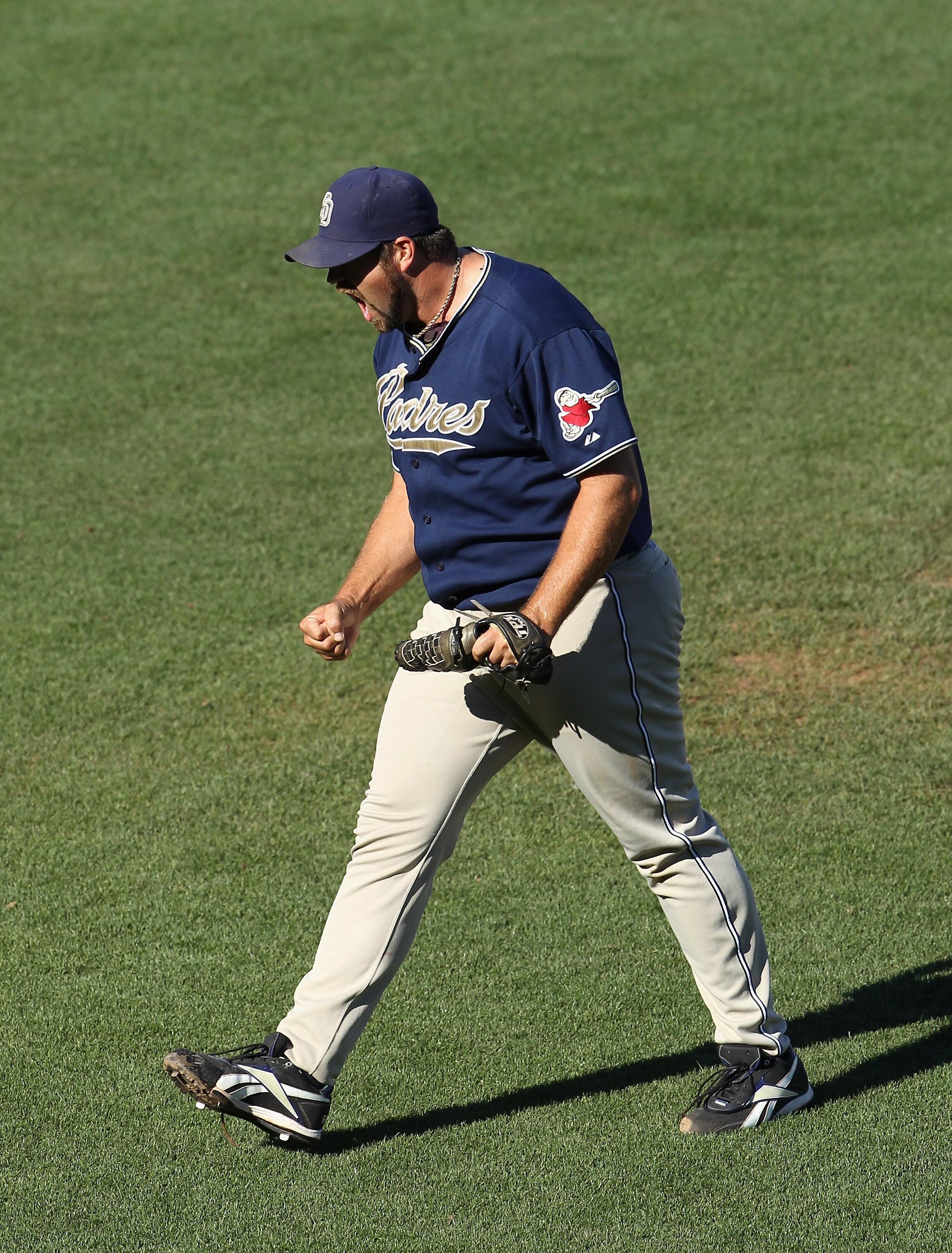 SAN FRANCISCO - OCTOBER 02:  Heath Bell #21 of the San Diego Padres celebrates after they beat the San Francisco Giants at AT&T Park on October 2, 2010 in San Francisco, California.  (Photo by Ezra Shaw/Getty Images)