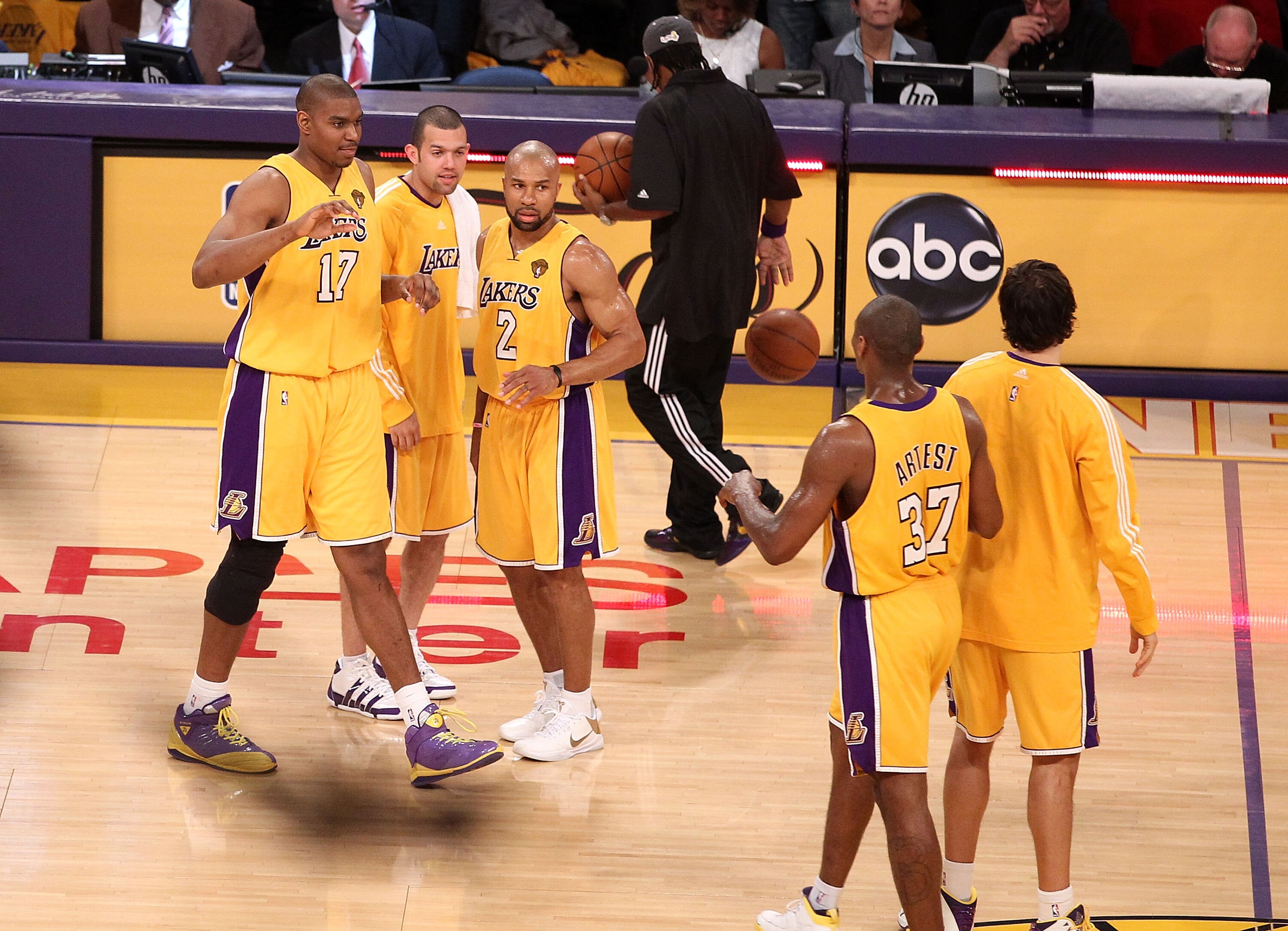 LOS ANGELES, CA - JUNE 03:  (L-R) Andrew Bynum #17, Jordan Farmar #1, Derek Fisher #2 and Ron Artest #37 of the Los Angeles Lakers celebrate after they won 102-89 against the Boston Celtics in Game One of the 2010 NBA Finals at Staples Center on June 3, 2