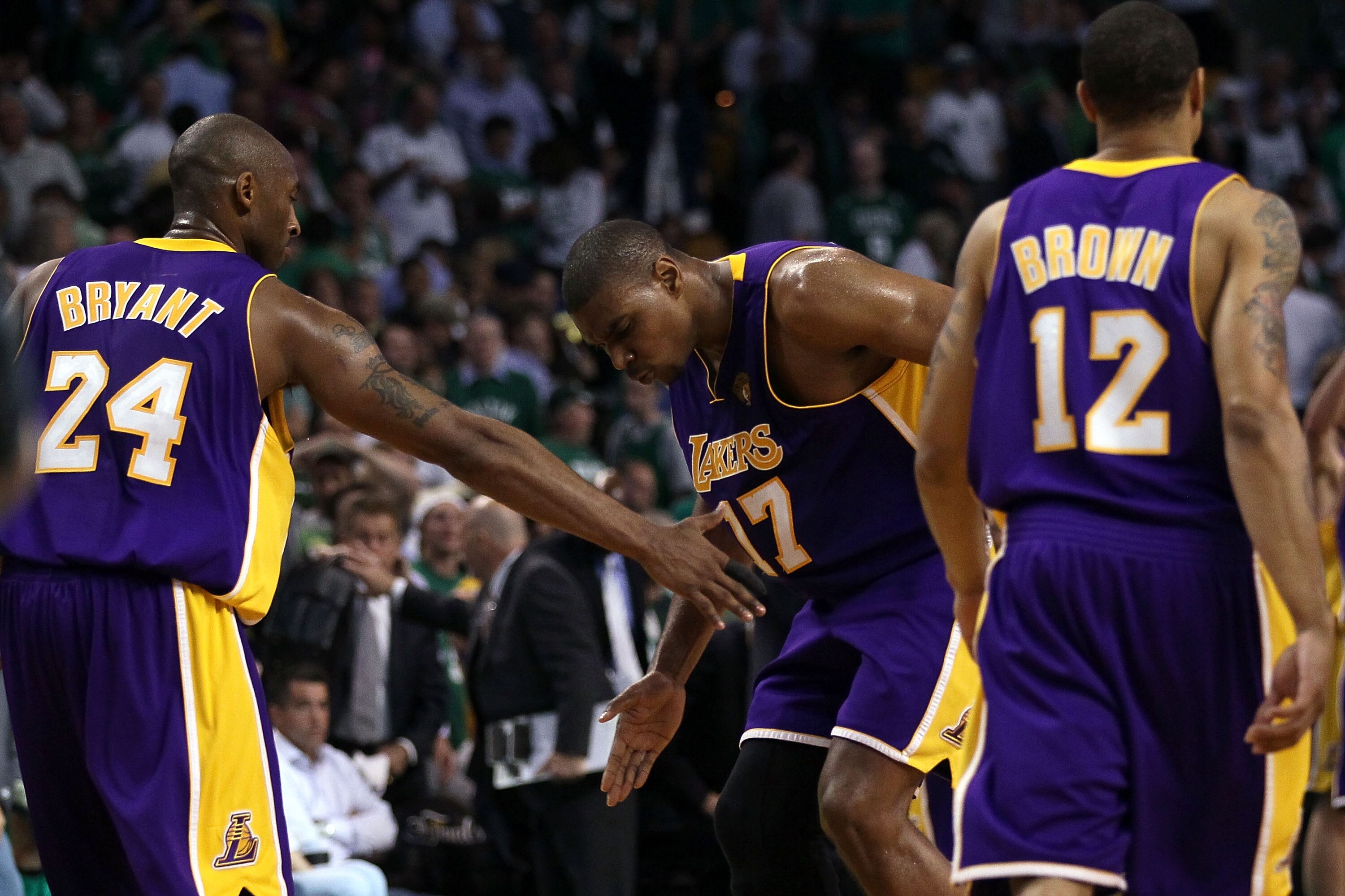 BOSTON - JUNE 08:  Andrew Bynum #17 of the Los Angeles Lakers celebrates a play in the third quarter with teammates Kobe Bryant #24 and Shannon Brown #12 of the Boston Celtics in Game Three of the 2010 NBA Finals on June 8, 2010 at TD Garden in Boston, Ma