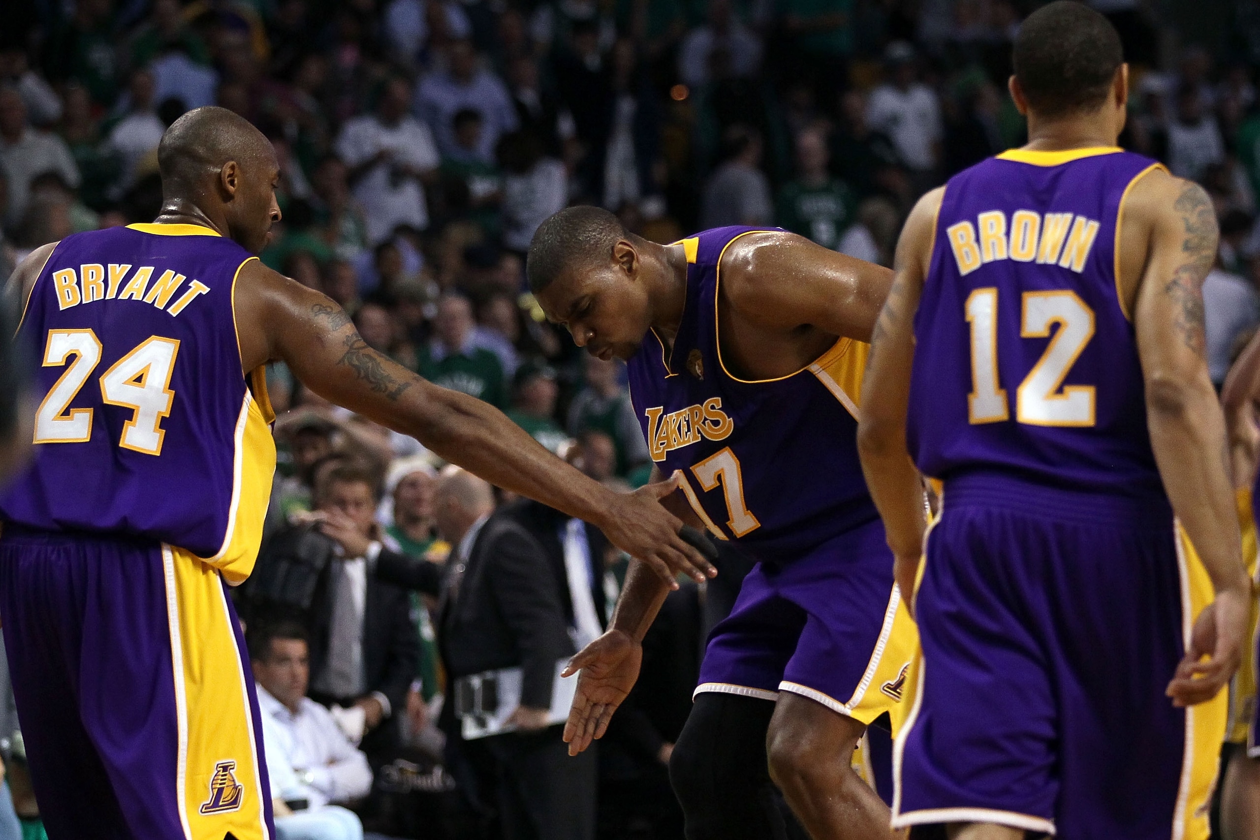 BOSTON - JUNE 08:  Andrew Bynum #17 of the Los Angeles Lakers celebrates a play in the third quarter with teammates Kobe Bryant #24 and Shannon Brown #12 of the Boston Celtics in Game Three of the 2010 NBA Finals on June 8, 2010 at TD Garden in Boston, Ma