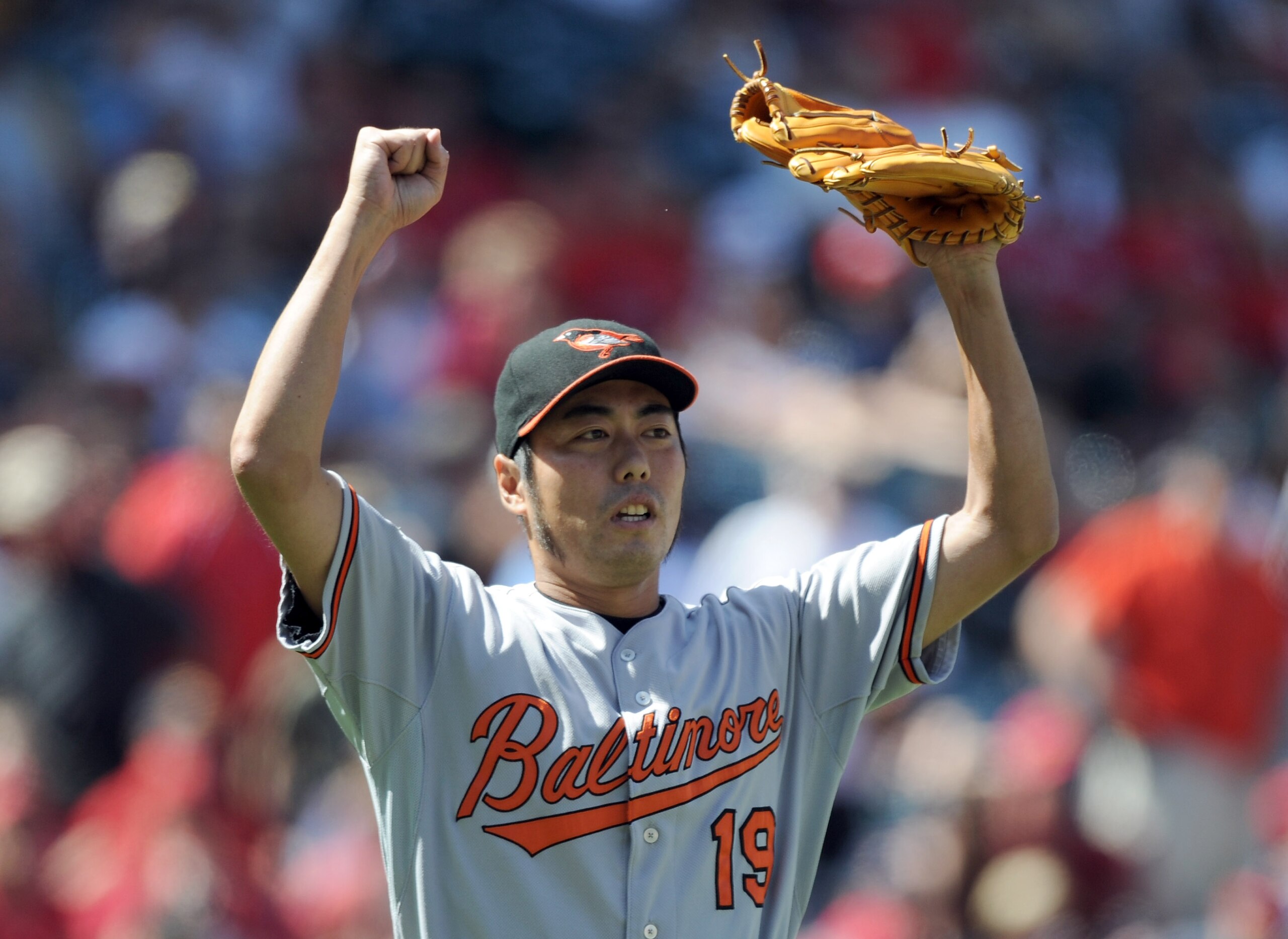 ANAHEIM, CA - AUGUST 29: Koji Uehara #19 of the Baltimore Orioles celebrates a save and a 1-0 win over the Los Angeles Angels of Anaheim during the ninth inning at Angel Stadium on August 29, 2010 in Anaheim, California. (Photo by Harry How/Getty Images ANAHEIM, CA - AUGUST 29: Koji Uehara #19 of the Baltimore Orioles celebrates a save and a 1-0 win over the Los Angeles Angels of Anaheim during the ninth inning at Angel Stadium on August 29, 2010 in Anaheim, California. (Photo by Harry How/Getty Images