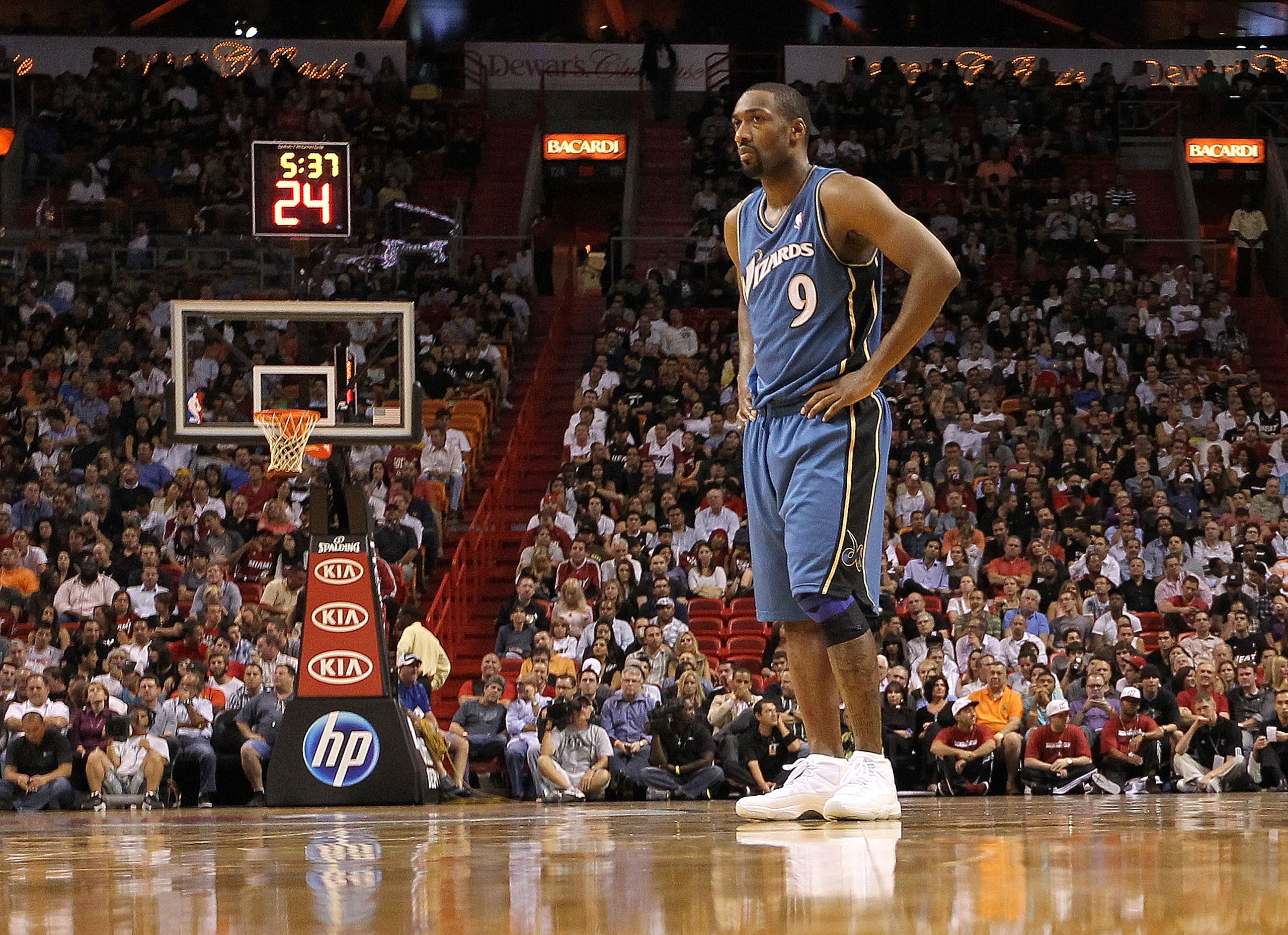 MIAMI, FL - NOVEMBER 29: Gilbert Arenas #9 of the Washington Wizards looks on during a game against the Miami Heat at American Airlines Arena on November 29, 2010 in Miami, Florida. NOTE TO USER: User expressly acknowledges and agrees that, by downloadin MIAMI, FL - NOVEMBER 29: Gilbert Arenas #9 of the Washington Wizards looks on during a game against the Miami Heat at American Airlines Arena on November 29, 2010 in Miami, Florida. NOTE TO USER: User expressly acknowledges and agrees that, by downloadin