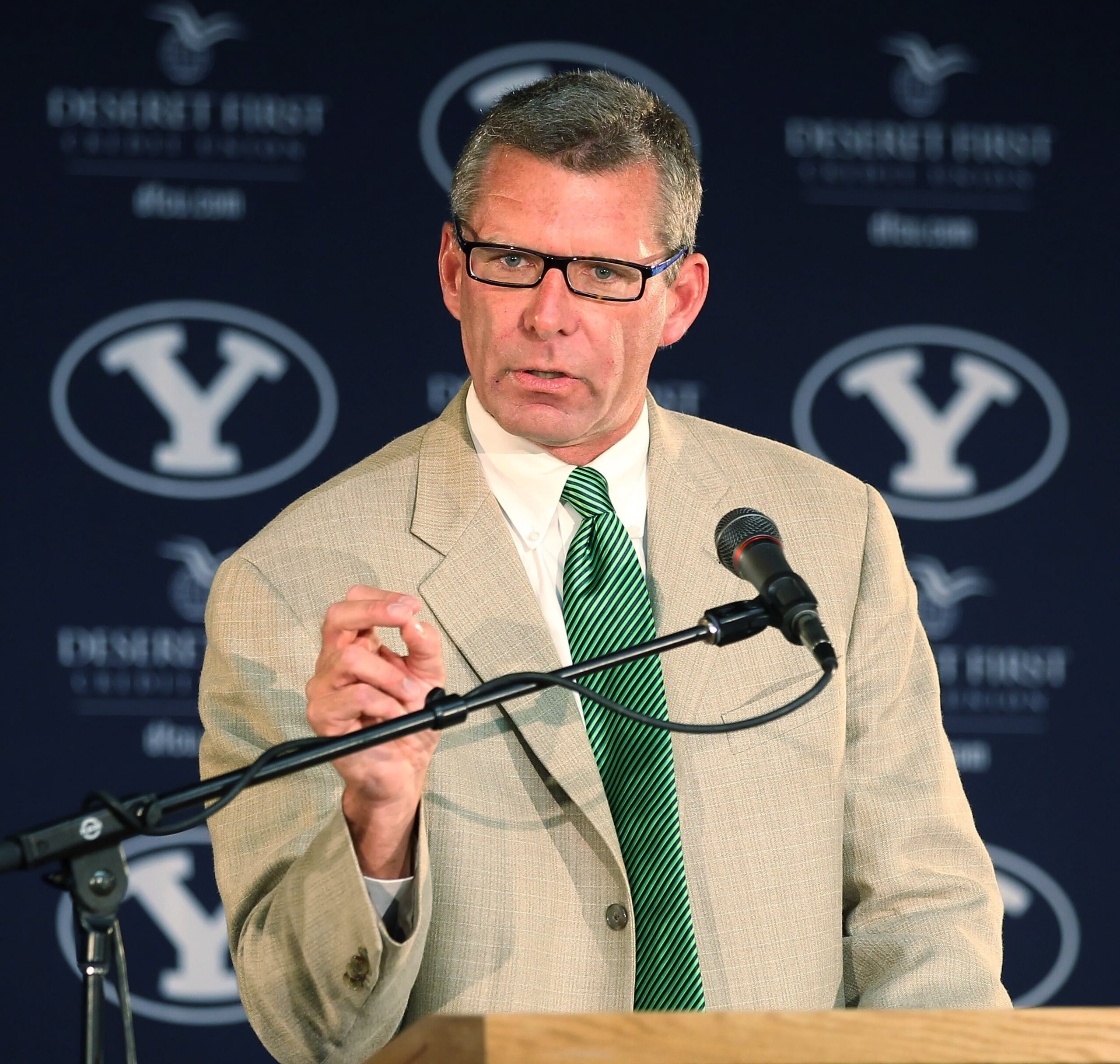 PROVO, UT - SEPTEMBER 1: Vice President of ESPN Dave Brown announces a eight year TV deal with BYU  when their football team becomes independent in 2011 separating from the Mountain West Conference, September 1, 2010 in Provo, Utah. The remaining BYU spor