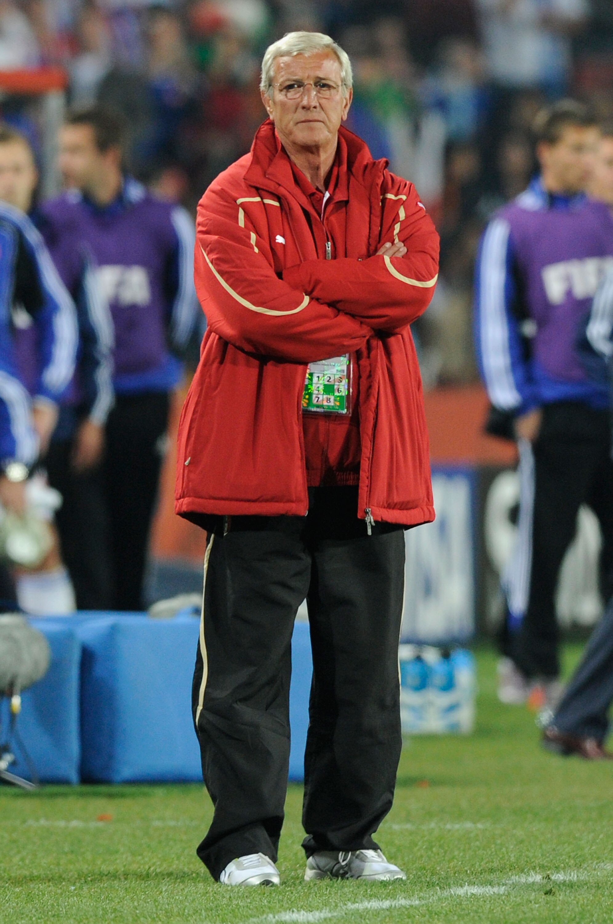 JOHANNESBURG, SOUTH AFRICA - JUNE 24:  Marcello Lippi head coach of Italy looks on dejected as Italy are knocked out of the competition, during the 2010 FIFA World Cup South Africa Group F match between Slovakia and Italy at Ellis Park Stadium on June 24,