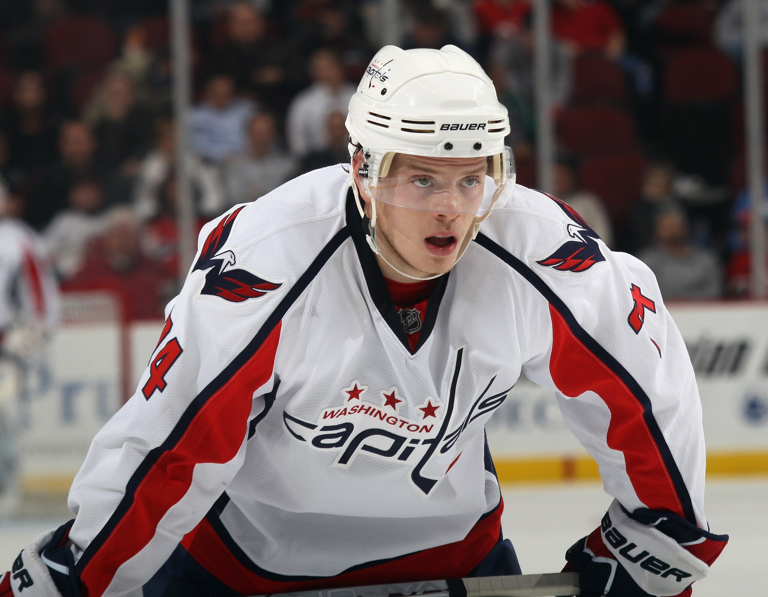 NEWARK, NJ - NOVEMBER 22:  John Carlson #74 of the Washington Capitals skates against the New Jersey Devils at the Prudential Center on November 22, 2010 in Newark, New Jersey. The Devils defeated the Capitals 5-0.  (Photo by Bruce Bennett/Getty Images)