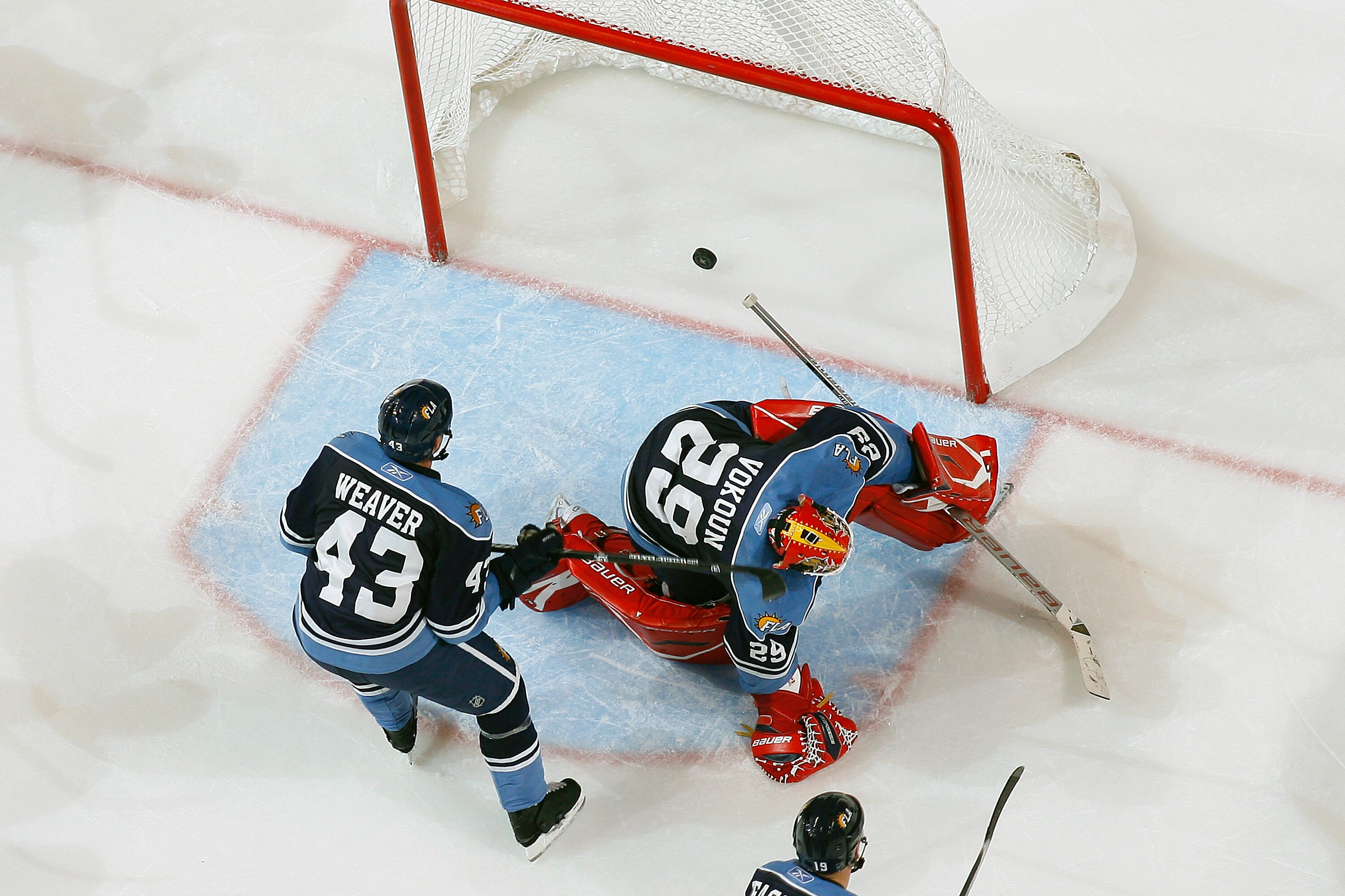 SUNRISE, FL - NOVEMBER 24: The goal scored by Mark Recchi #28 (not pictured) of the Boston Bruins goes into the net past goaltender Tomas Vokoun #29 of the Florida Panthers on November 24, 2010 at the BankAtlantic Center in Sunrise, Florida. The Bruins de