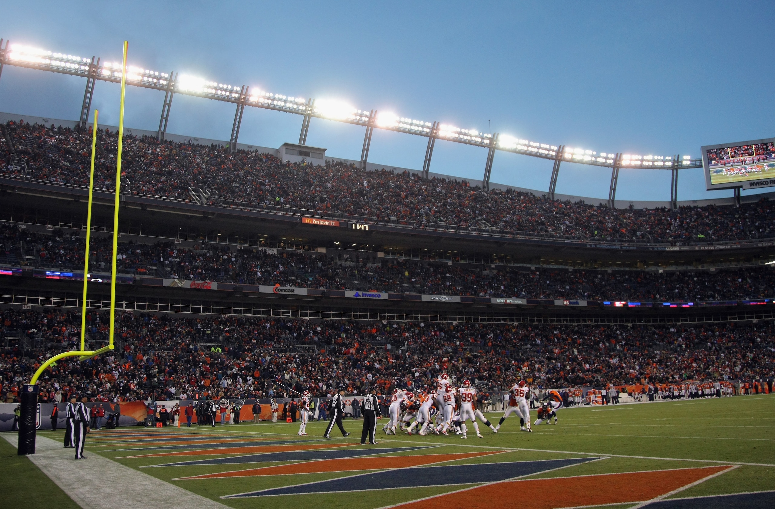 DENVER - NOVEMBER 14: General view of the stadium as the Kansas City Chiefs defend against an extra point attempt by the Denver Bronco at INVESCO Field at Mile High on November 14, 2010 in Denver, Colorado. The Broncos defeated the Cheifs 49-29. (Photo DENVER - NOVEMBER 14: General view of the stadium as the Kansas City Chiefs defend against an extra point attempt by the Denver Bronco at INVESCO Field at Mile High on November 14, 2010 in Denver, Colorado. The Broncos defeated the Cheifs 49-29. (Photo