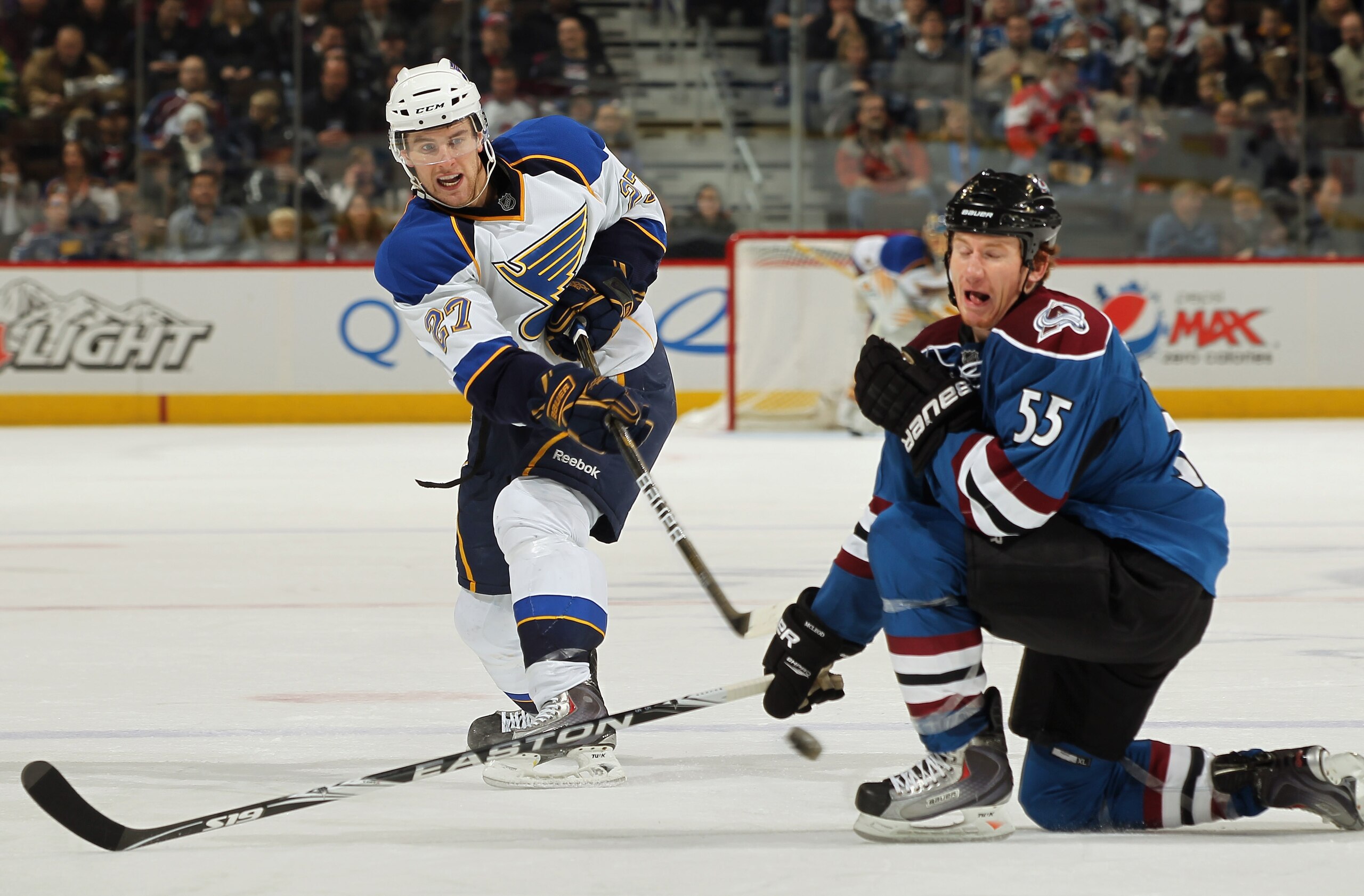 DENVER - NOVEMBER 15: Alex Pietrangelo #27 of the St. Louis Blues takes a shot as Cody McLeod #55 of the Colorado Avalanche defends at the Pepsi Center on November 15, 2010 in Denver, Colorado. The Avalacnhe defeated the Blues 6-3. (Photo by Doug Pensin DENVER - NOVEMBER 15: Alex Pietrangelo #27 of the St. Louis Blues takes a shot as Cody McLeod #55 of the Colorado Avalanche defends at the Pepsi Center on November 15, 2010 in Denver, Colorado. The Avalacnhe defeated the Blues 6-3. (Photo by Doug Pensin